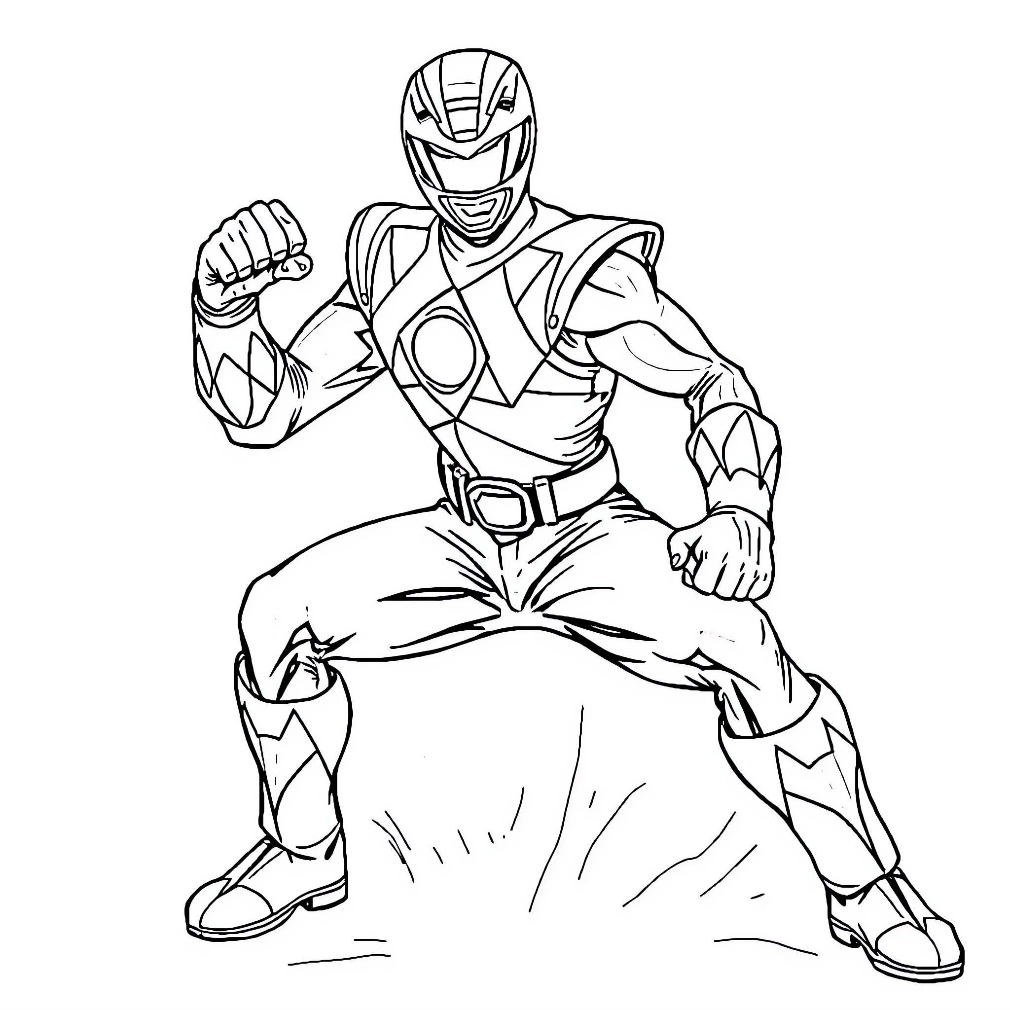 Power Ranger Striking a Dynamic Pose Coloring Page (free black-and-white line drawing printable PDF for all, from beginners to advanced learners, including children, teens, adults, and seniors)