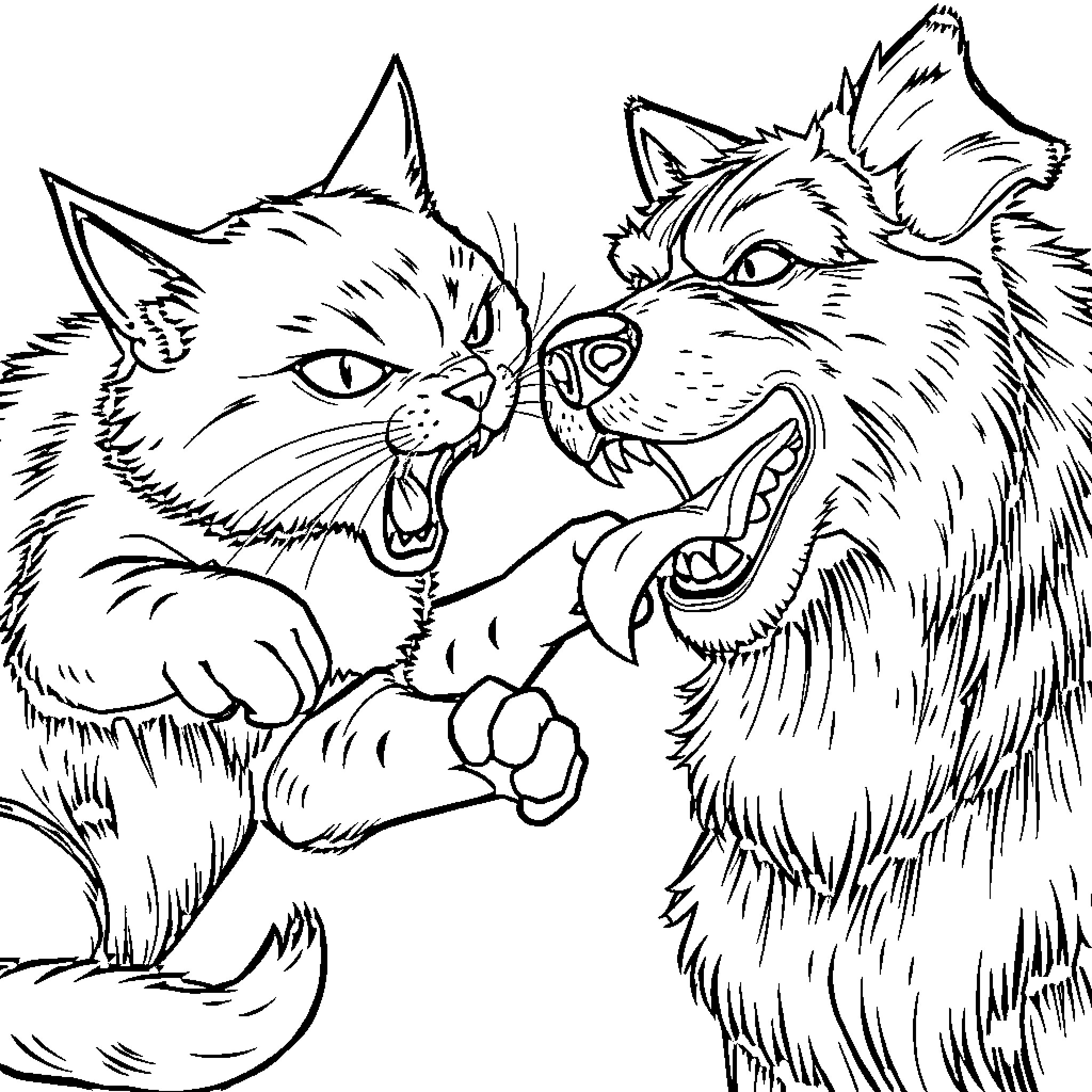 Cat Confrontation in the Wild Coloring Page (free black-and-white line drawing printable PDF for all, from beginners to advanced learners, including children, teens, adults, and seniors)