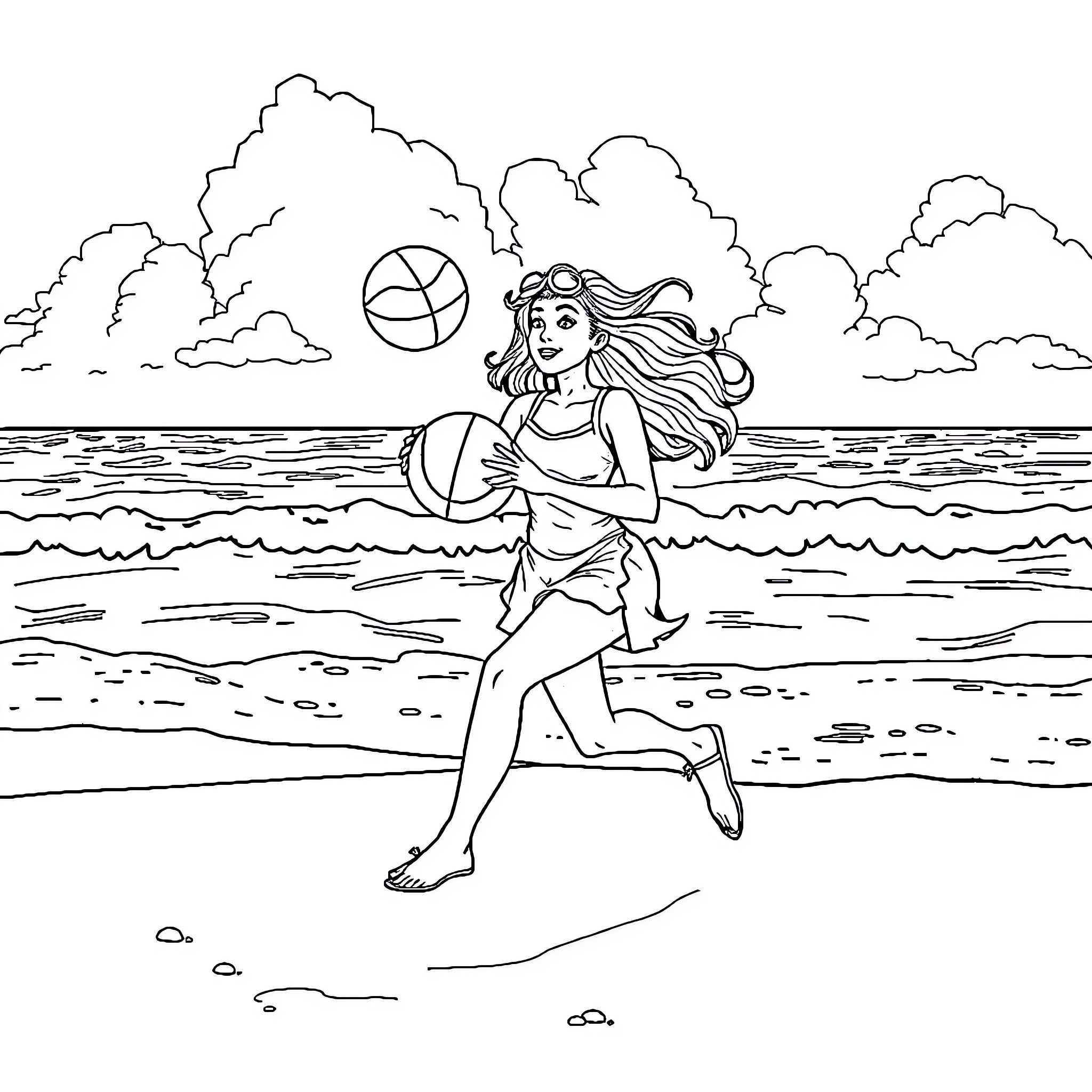 Wanda playing with a beach ball on the shore Coloring Page (free black-and-white line drawing printable PDF for all, from beginners to advanced learners, including children, teens, adults, and seniors)