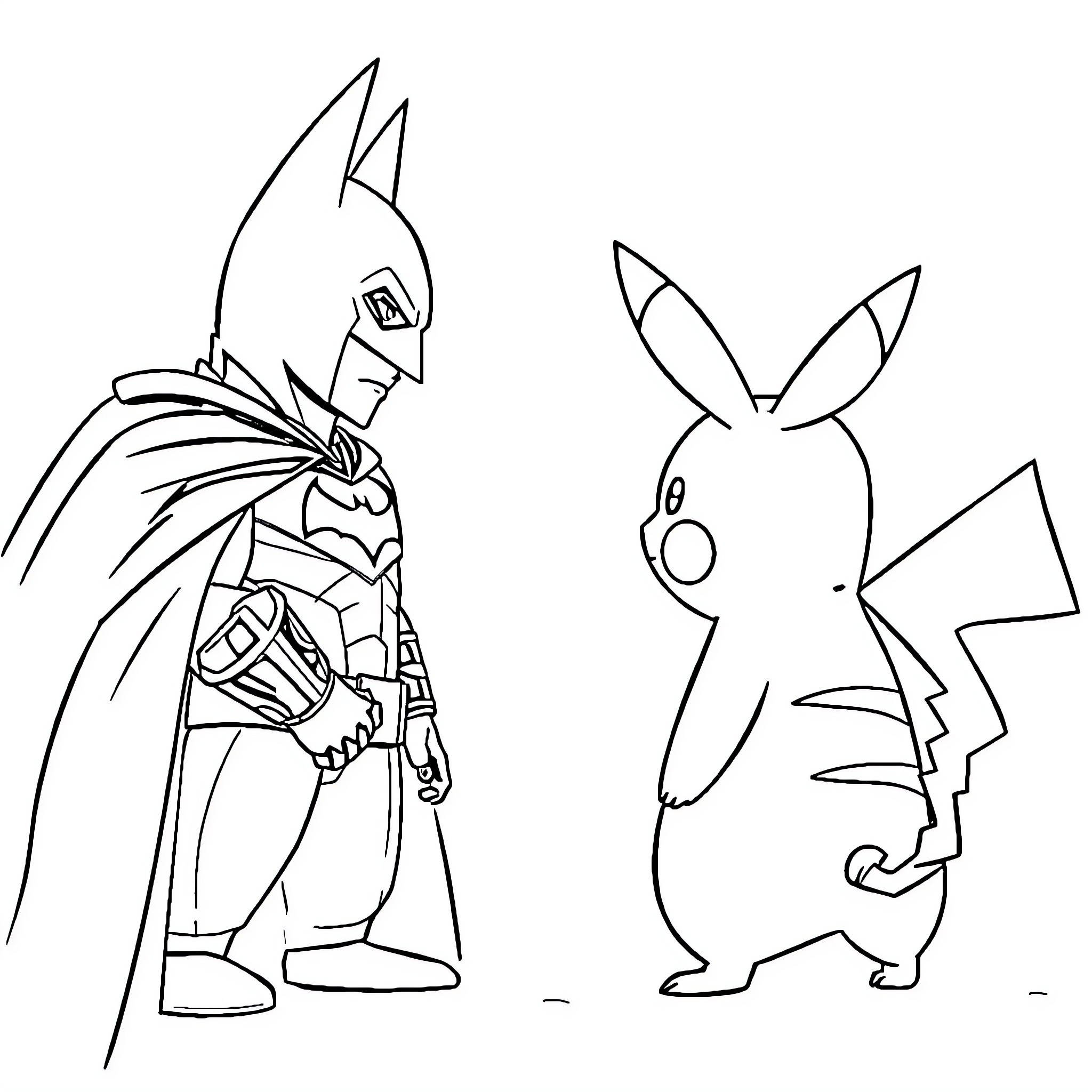 Pikachu and Batman-inspired character interact Coloring Page (free black-and-white line drawing printable PDF for all, from beginners to advanced learners, including children, teens, adults, and seniors)