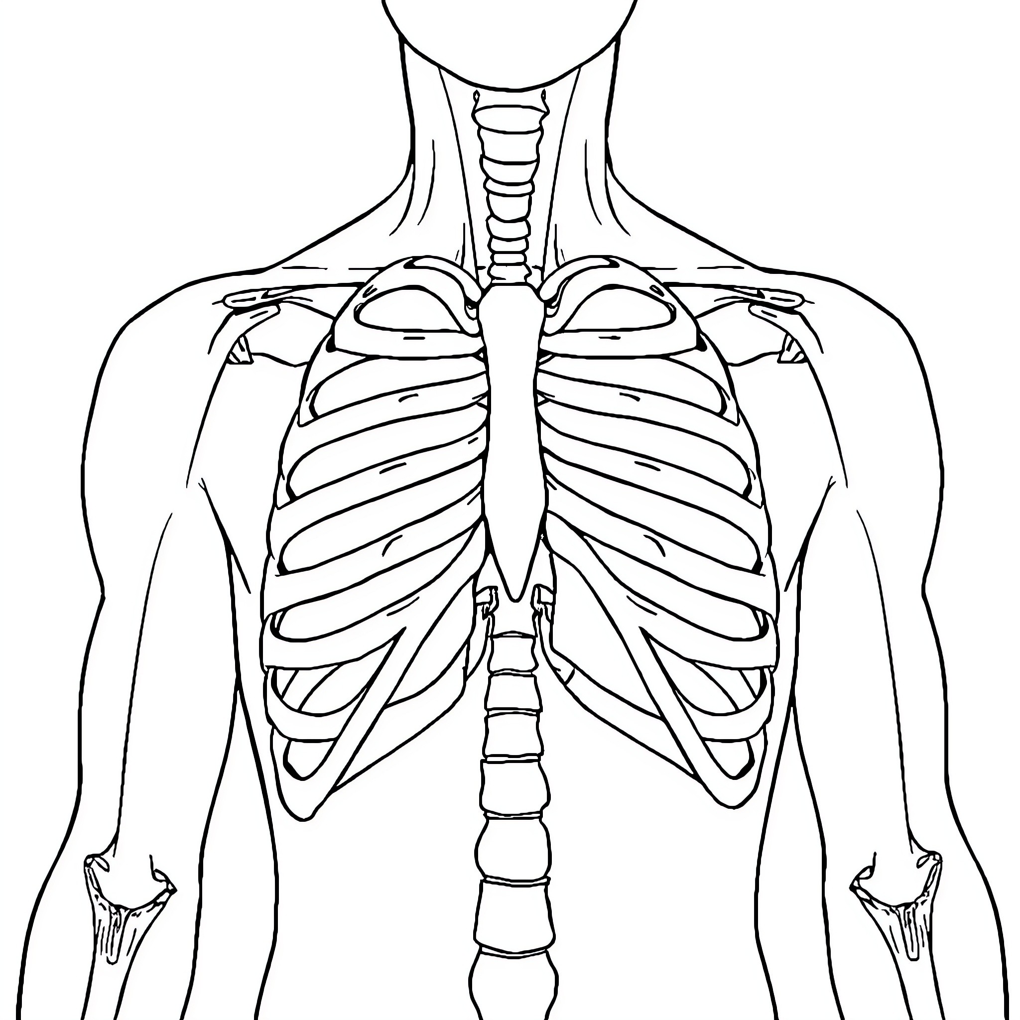 Human Anatomy Skeleton and Ribcage Illustration Coloring Page (free black-and-white line drawing printable PDF for all, from beginners to advanced learners, including children, teens, adults, and seniors)