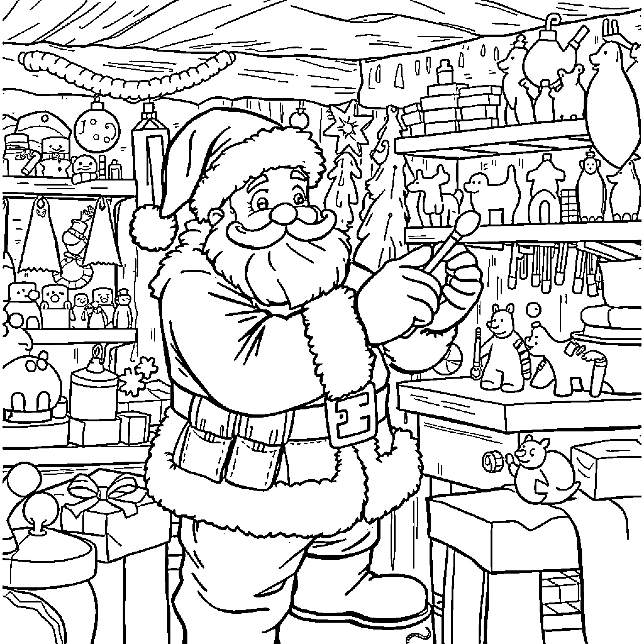 Santa Claus in his cozy workshop Coloring Page (free black-and-white line drawing printable PDF for all, from beginners to advanced learners, including children, teens, adults, and seniors)