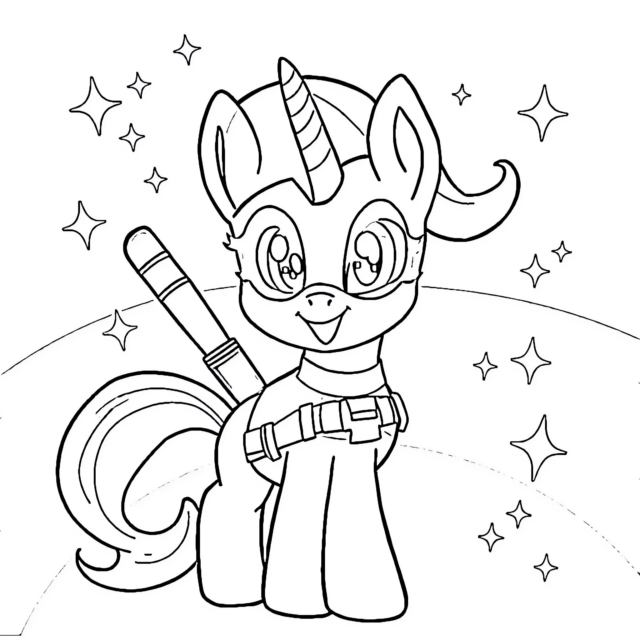 Deadpool Unicorn Superhero in Sparkly Wonderland Coloring Page (free black-and-white line drawing printable PDF for all, from beginners to advanced learners, including children, teens, adults, and seniors)
