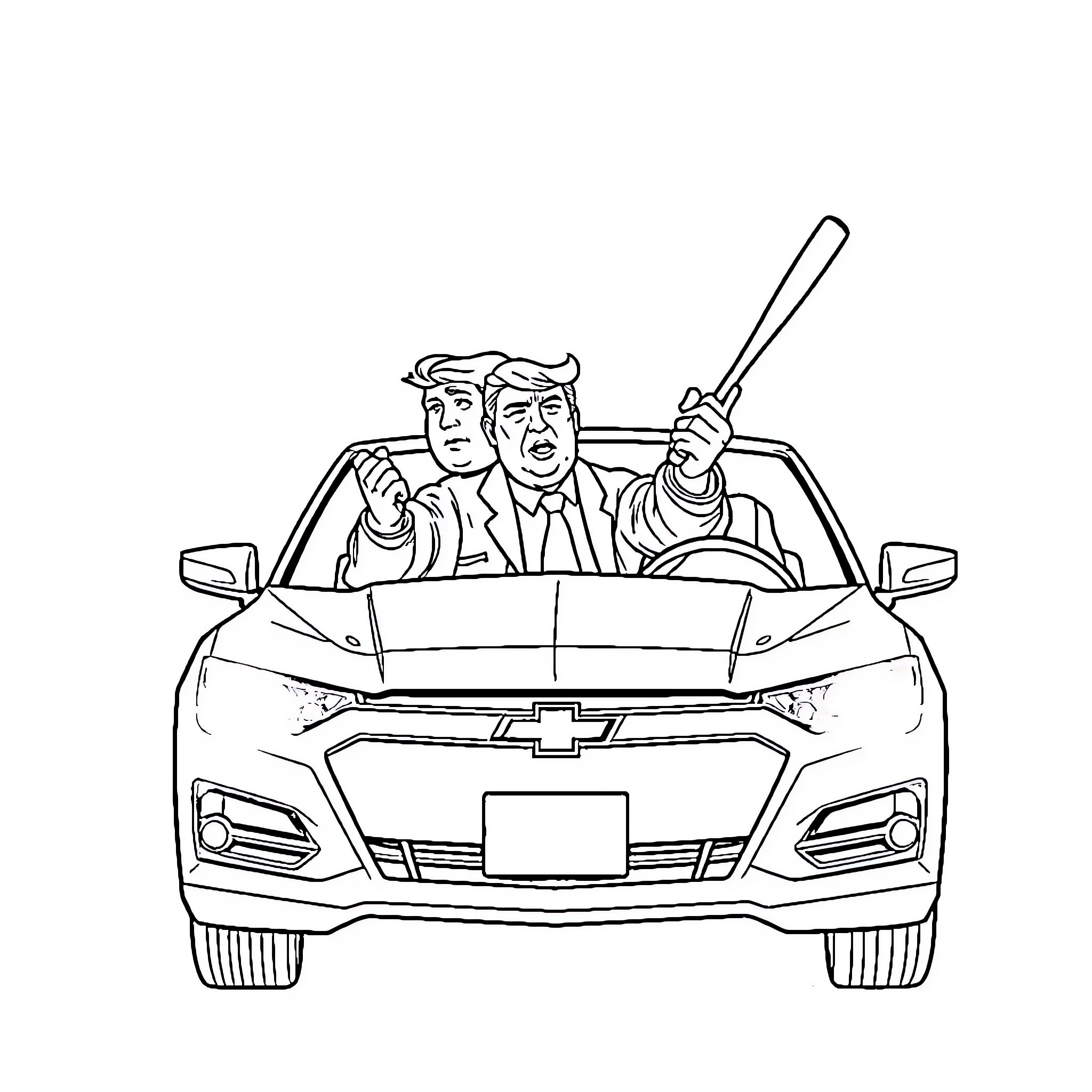 Trump arguing angrily in a car Coloring Page (free black-and-white line drawing printable PDF for all, from beginners to advanced learners, including children, teens, adults, and seniors)