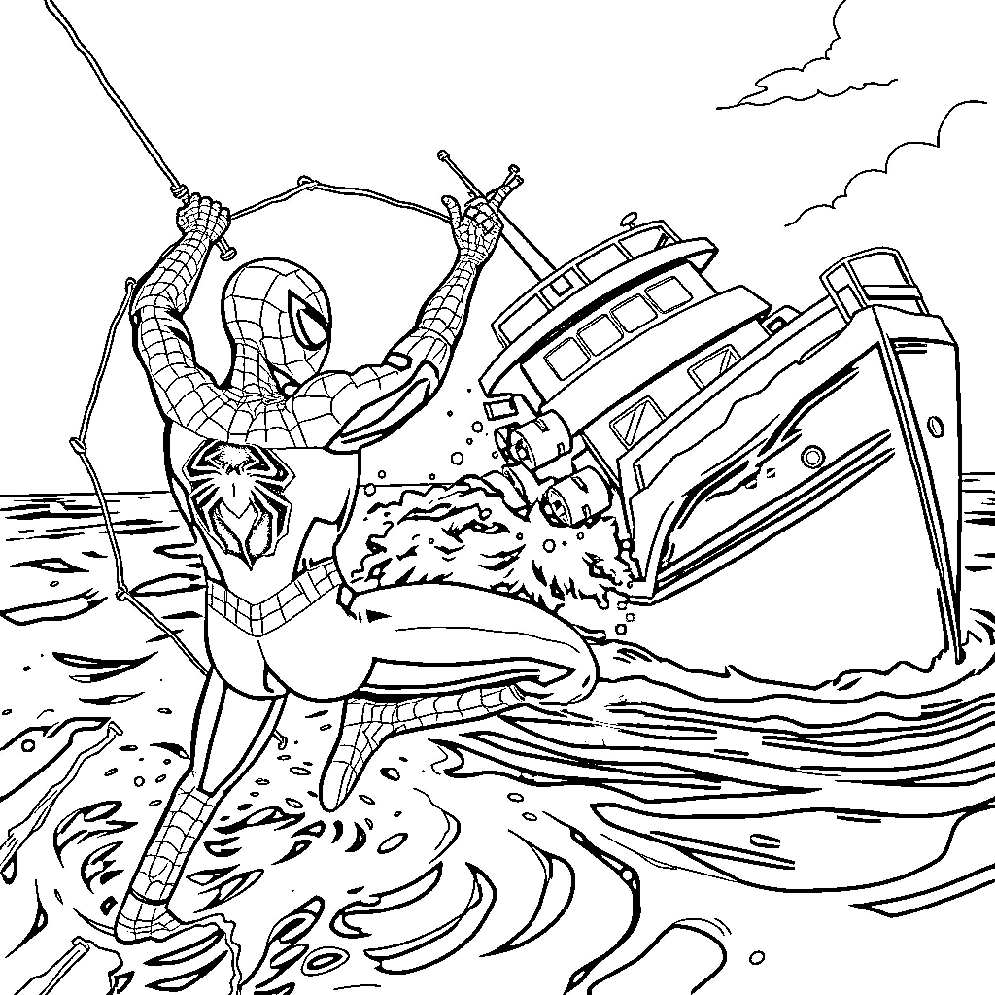 Spider-Man saving passengers from sinking ship Coloring Page (free black-and-white line drawing printable PDF for all, from beginners to advanced learners, including children, teens, adults, and seniors)