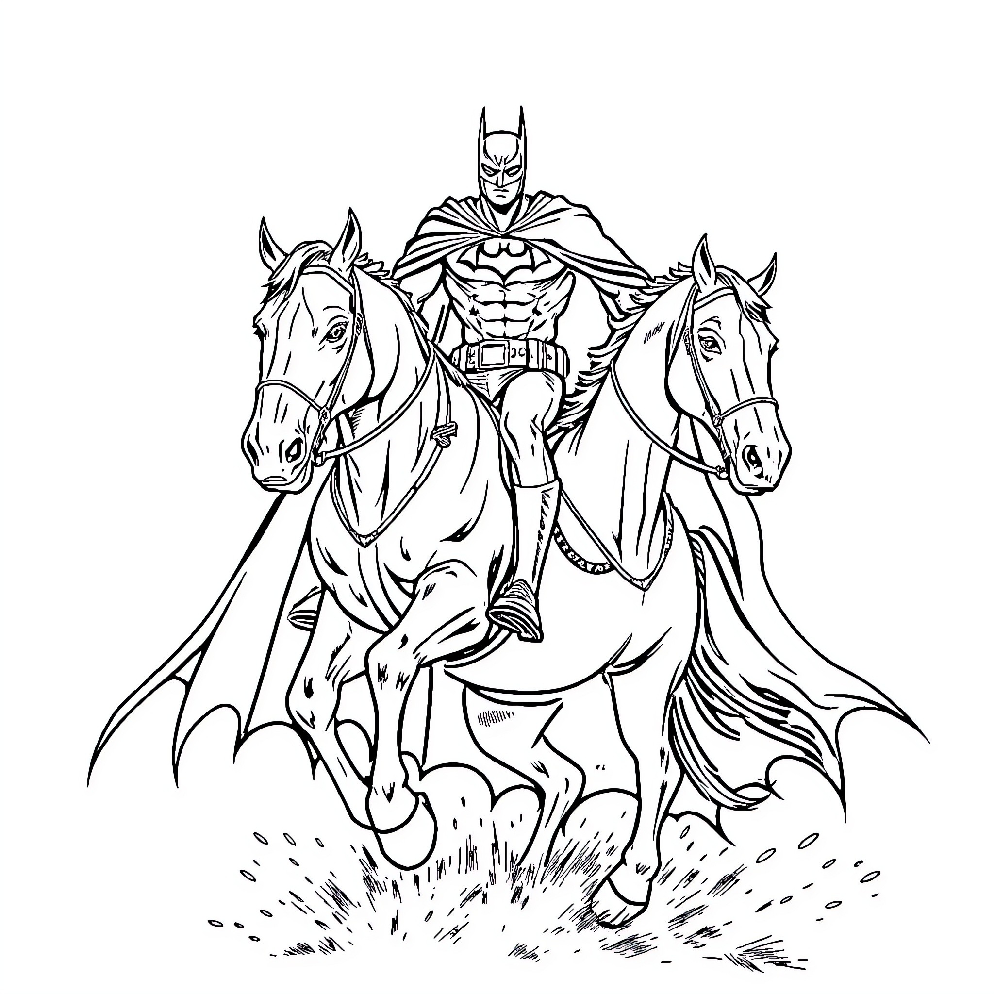 Batman riding horseback in action-packed scene Coloring Page (free black-and-white line drawing printable PDF for all, from beginners to advanced learners, including children, teens, adults, and seniors)