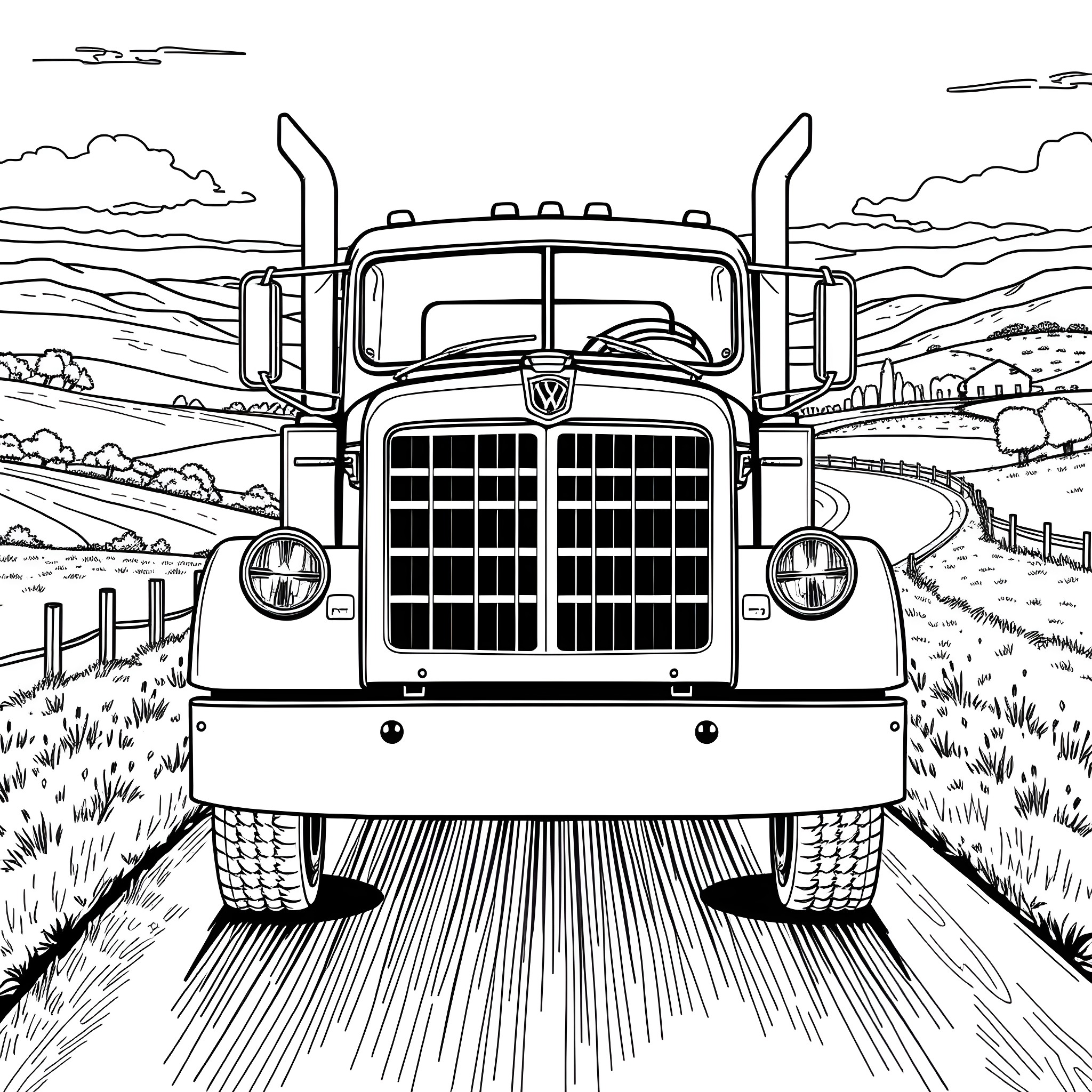 Truck Moving Through Scenic Rural Landscape Coloring Page (free black-and-white line drawing printable PDF for all, from beginners to advanced learners, including children, teens, adults, and seniors)