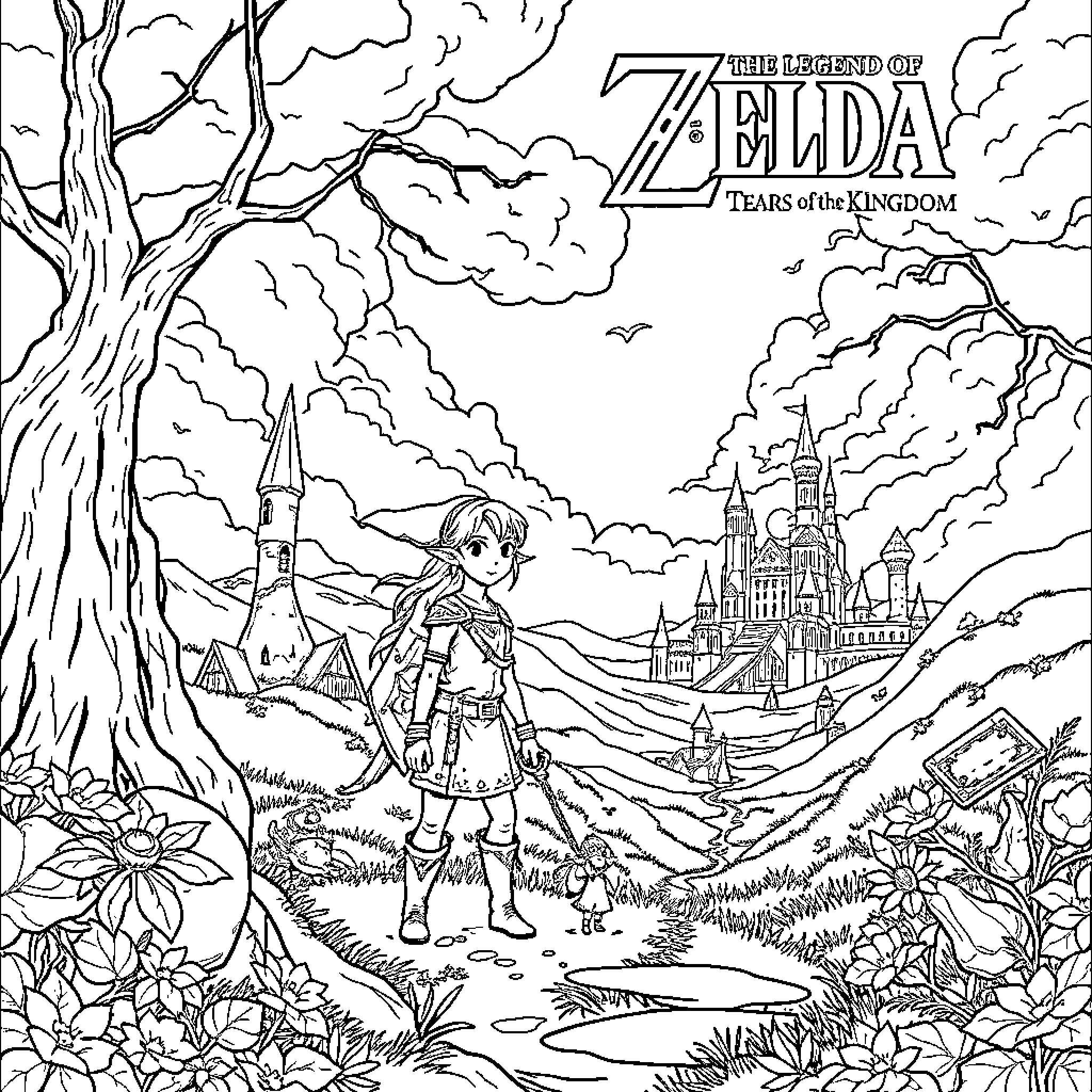 Zelda's Adventure in the Enchanted Kingdom Coloring Page (free black-and-white line drawing printable PDF for all, from beginners to advanced learners, including children, teens, adults, and seniors)