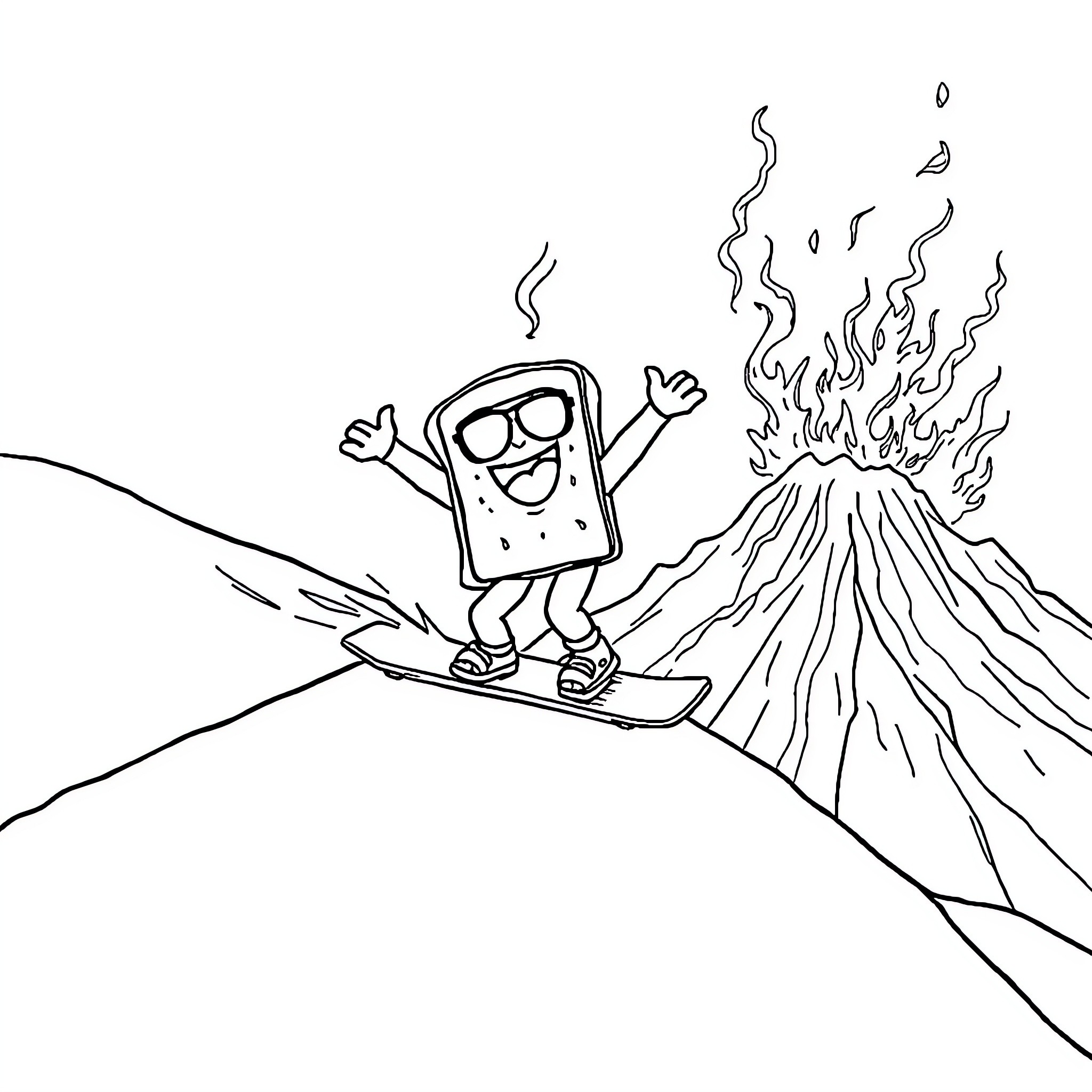 Sandwich character surfing down a volcano Coloring Page (free black-and-white line drawing printable PDF for all, from beginners to advanced learners, including children, teens, adults, and seniors)