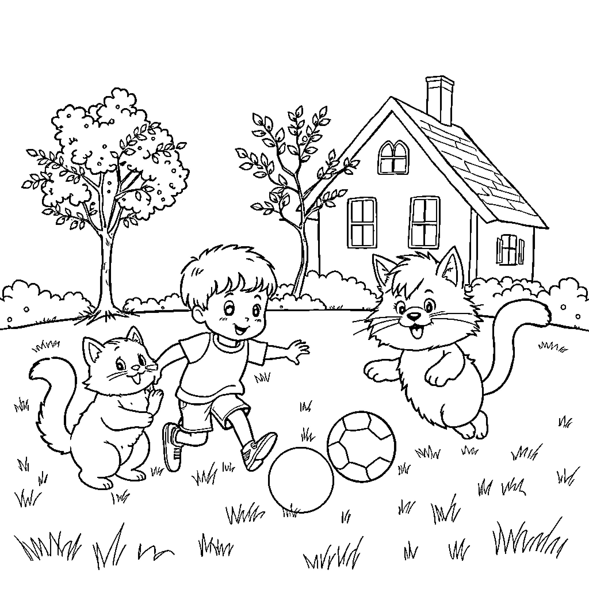 Boy Playing with Kittens in the Yard Coloring Page (free black-and-white line drawing printable PDF for all, from beginners to advanced learners, including children, teens, adults, and seniors)