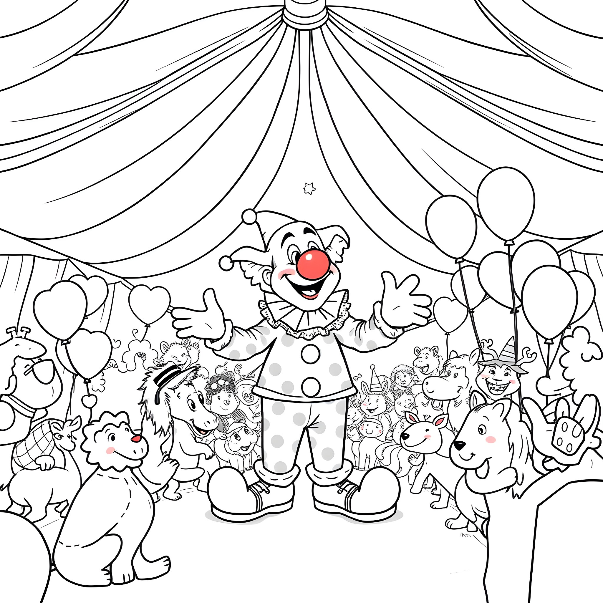 Clown entertaining audience with balloons and animals Coloring Page (free black-and-white line drawing printable PDF for all, from beginners to advanced learners, including children, teens, adults, and seniors)