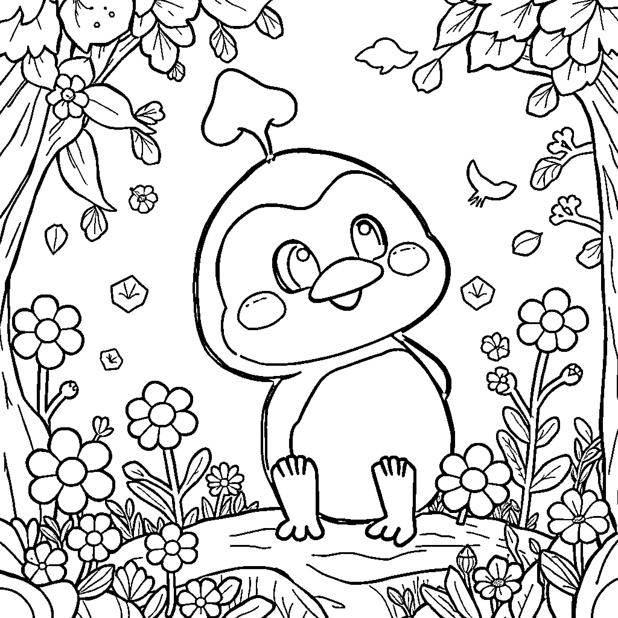 Labubu enjoying the garden flowers and butterflies Coloring Page (free black-and-white line drawing printable PDF for all, from beginners to advanced learners, including children, teens, adults, and seniors)