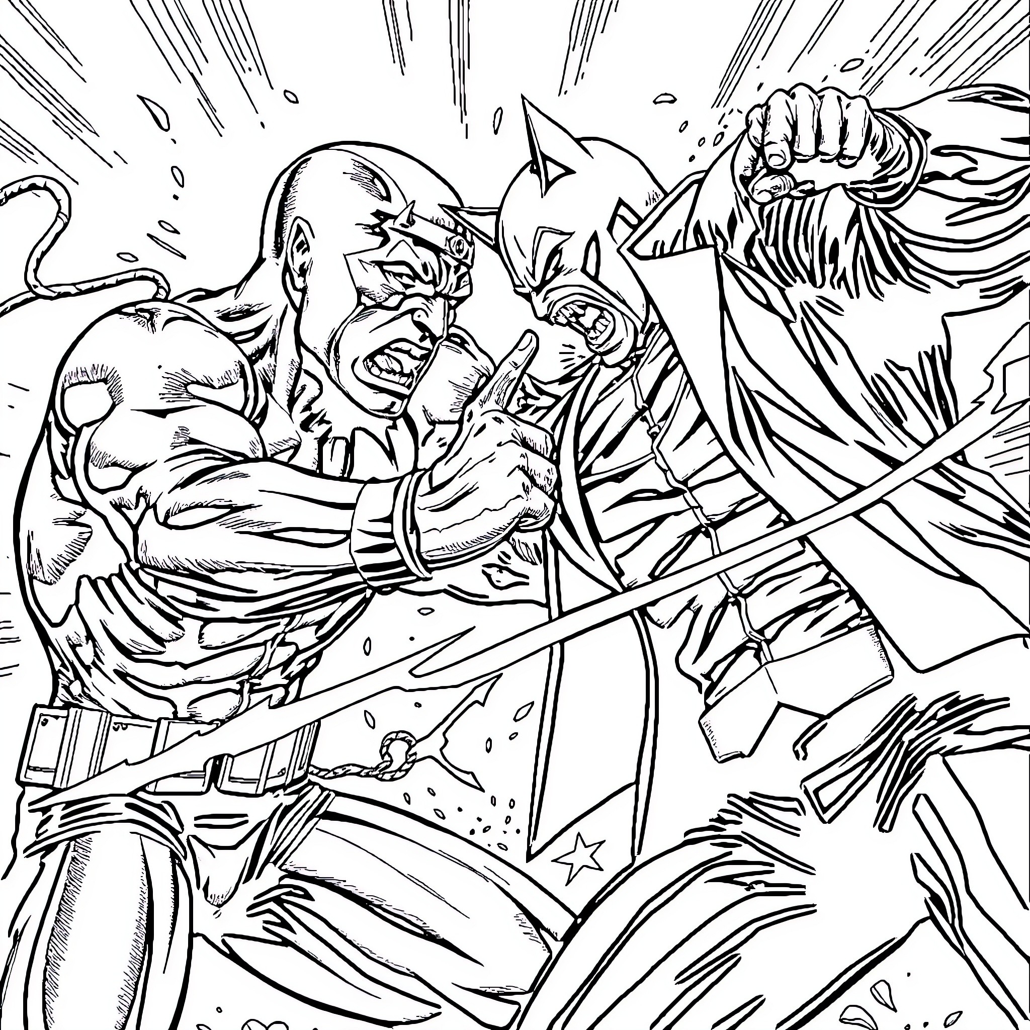 Daredevil heroes clash in epic battle scene Coloring Page (free black-and-white line drawing printable PDF for all, from beginners to advanced learners, including children, teens, adults, and seniors)