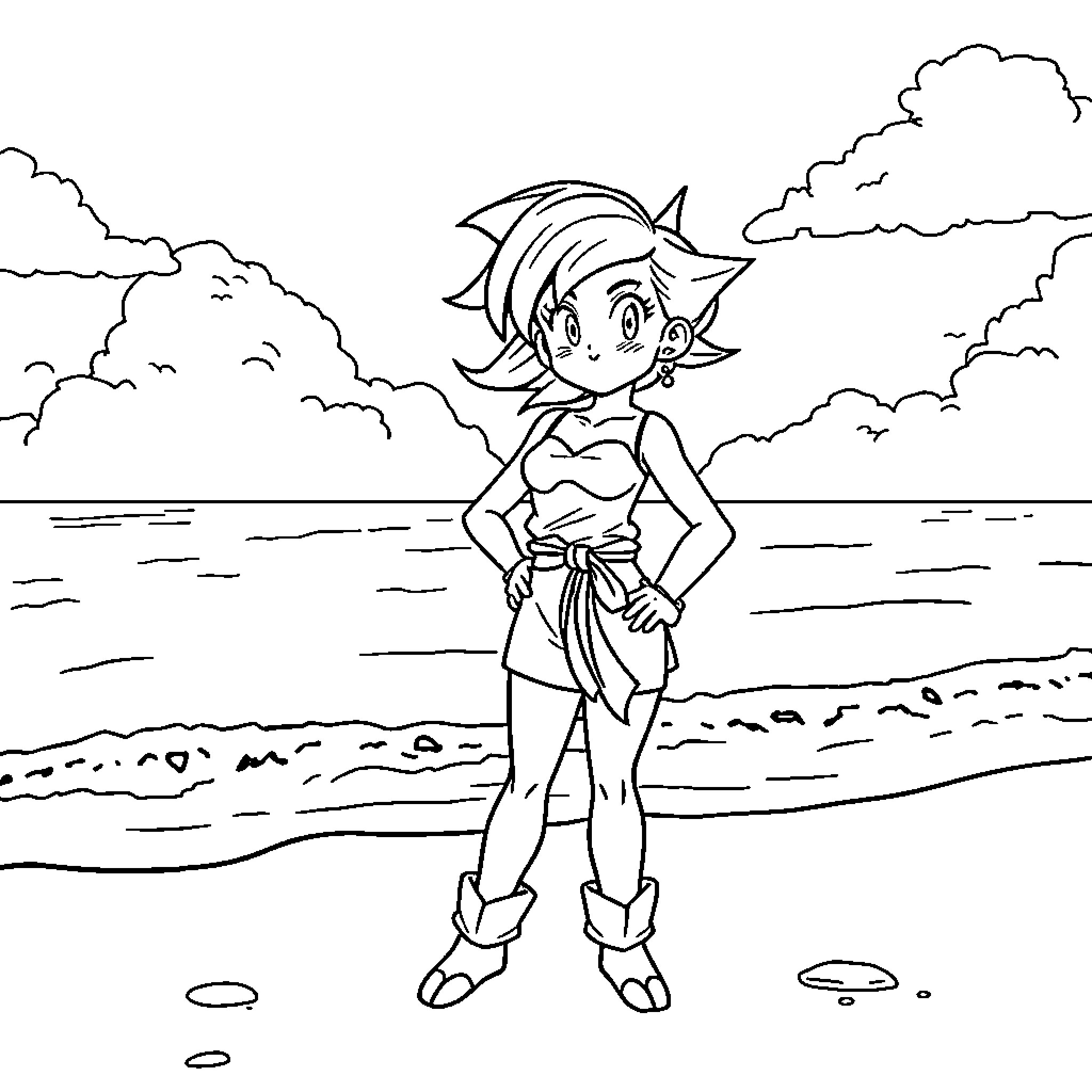 Bulma enjoying a day at the beach Coloring Page (free black-and-white line drawing printable PDF for all, from beginners to advanced learners, including children, teens, adults, and seniors)