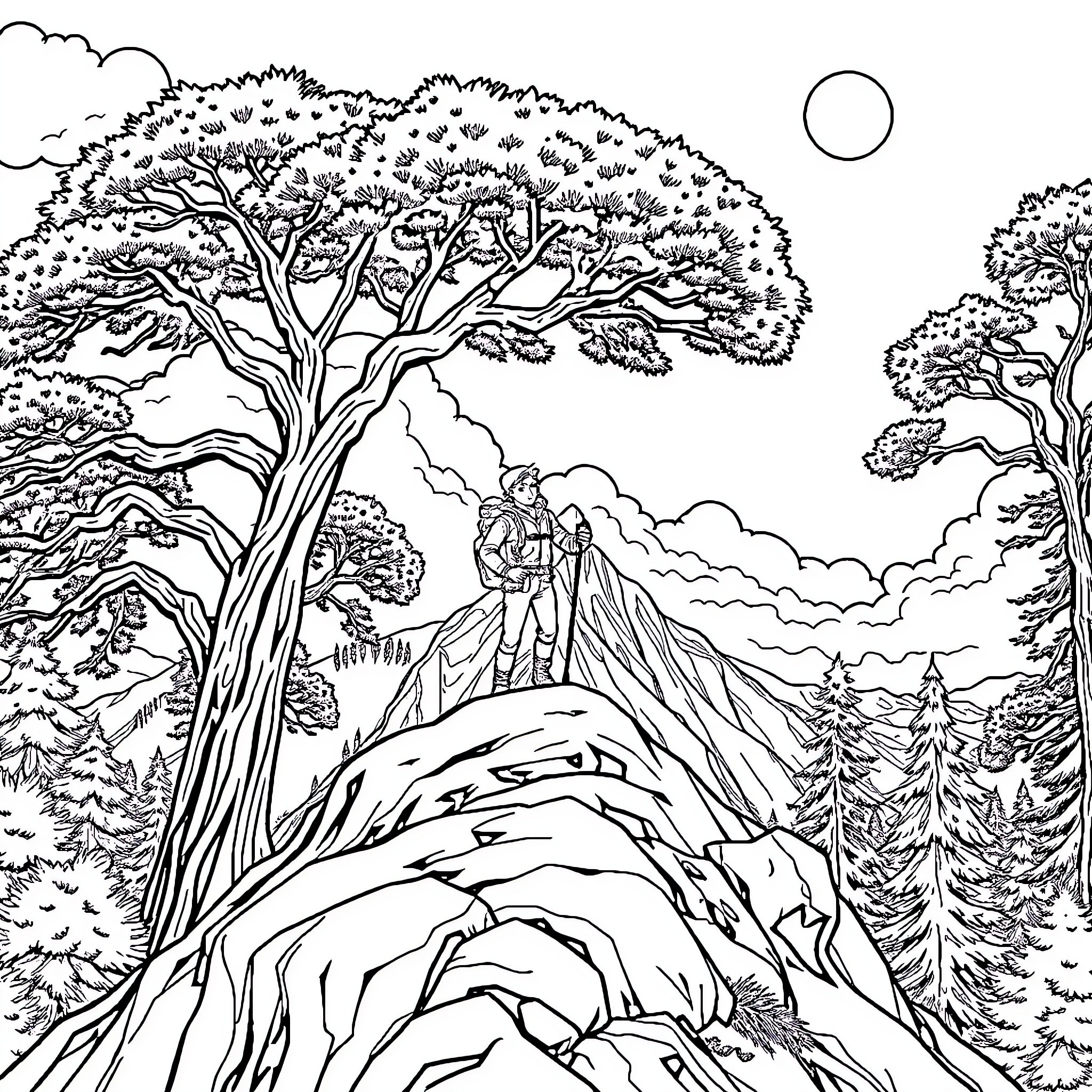 Rio adventure in the mountain landscape Coloring Page (free black-and-white line drawing printable PDF for all, from beginners to advanced learners, including children, teens, adults, and seniors)