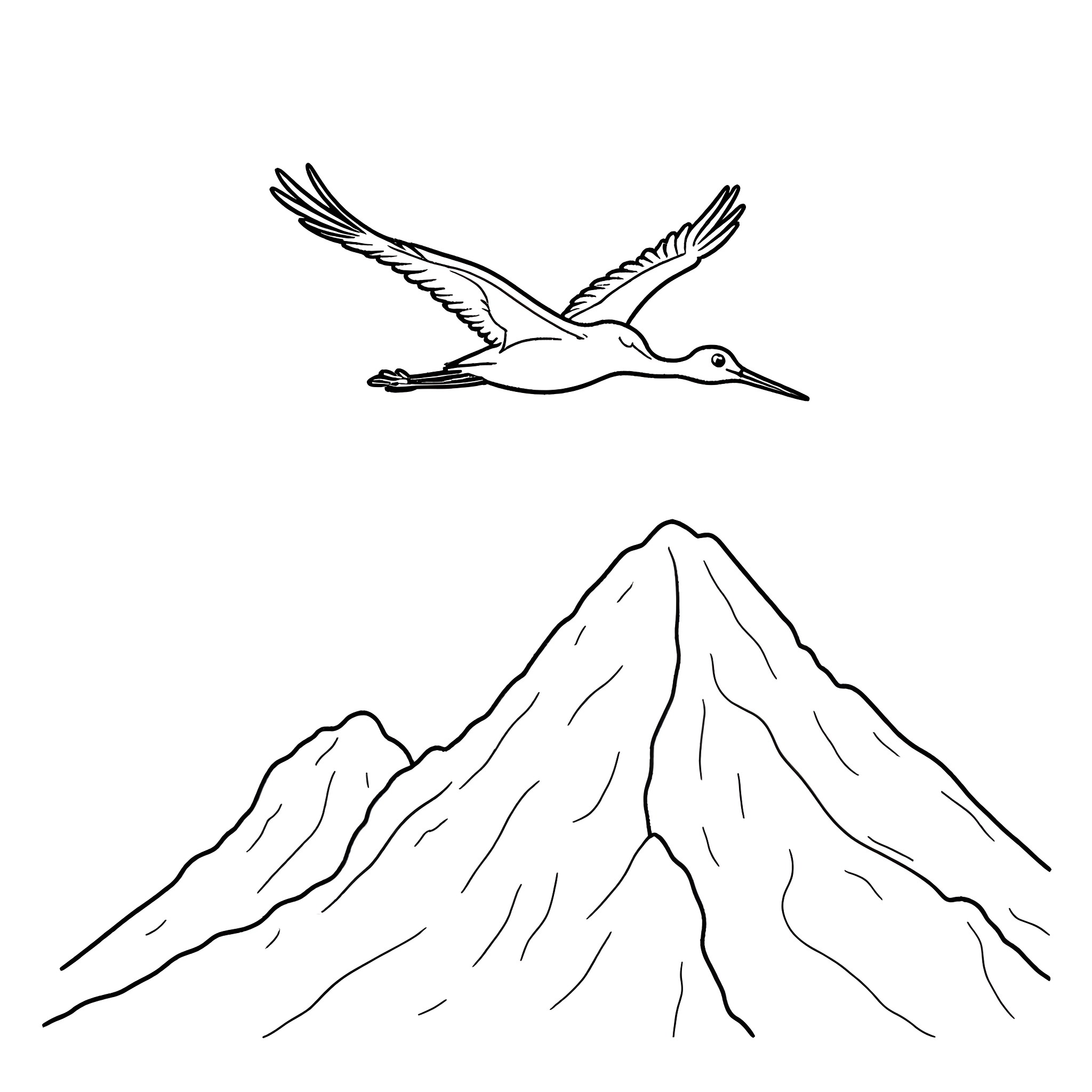 Stork soaring over mountain peaks Coloring Page (free black-and-white line drawing printable PDF for all, from beginners to advanced learners, including children, teens, adults, and seniors)