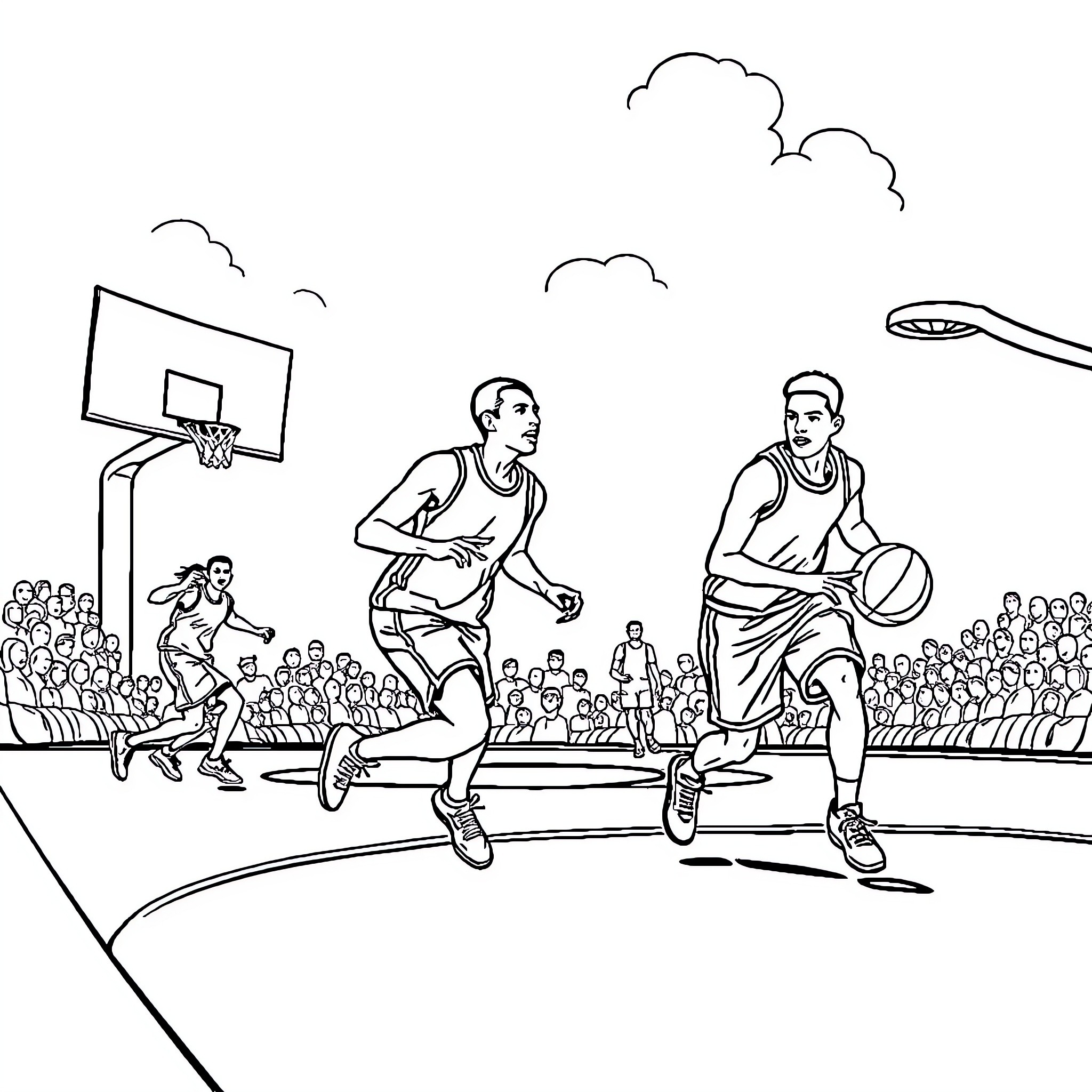 Basketball Players in Intense Game on Court Coloring Page (free black-and-white line drawing printable PDF for all, from beginners to advanced learners, including children, teens, adults, and seniors)