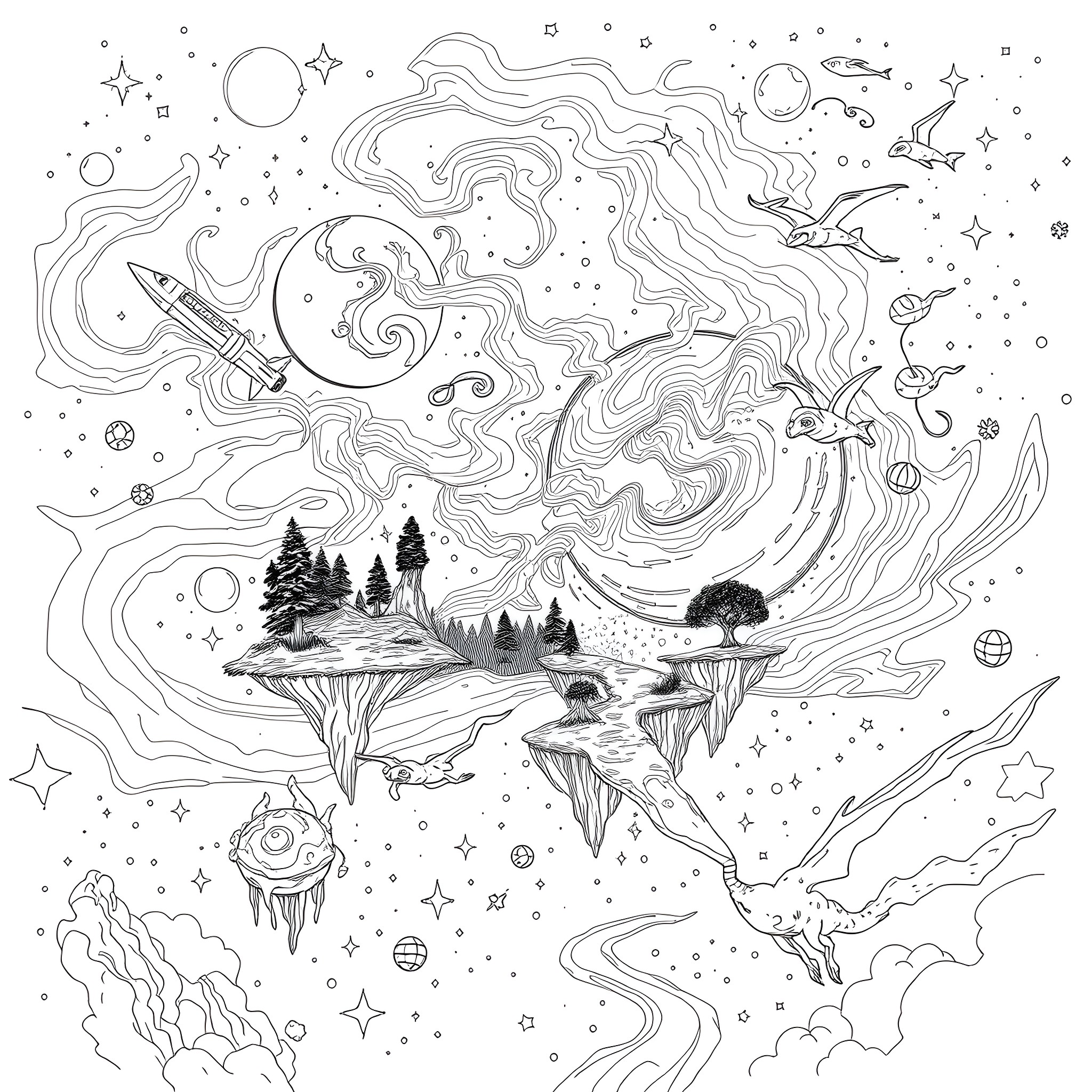 Galaxy filled with cosmic fantasy elements Coloring Page (free black-and-white line drawing printable PDF for all, from beginners to advanced learners, including children, teens, adults, and seniors)