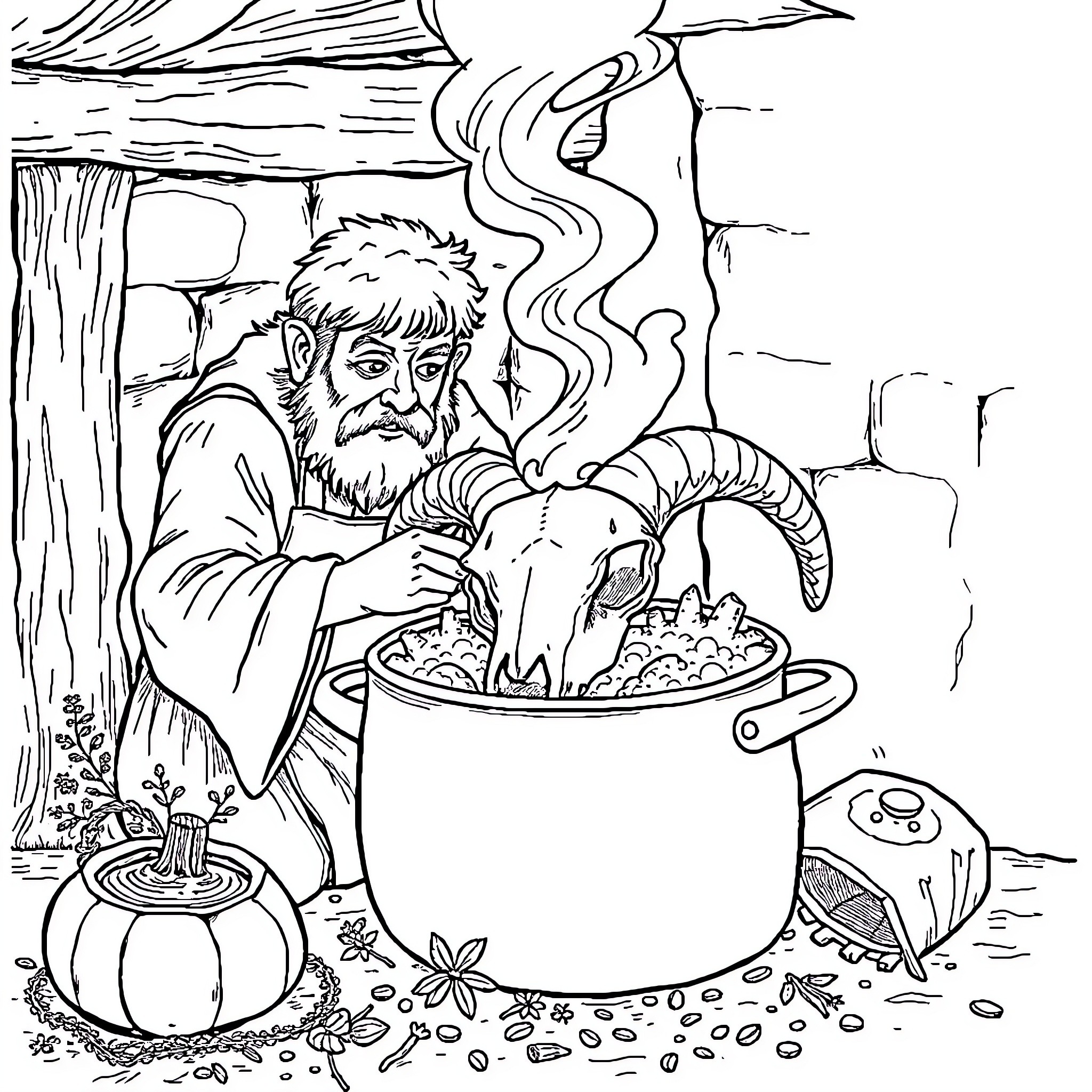 Chappel Roan cooking a hearty meal in the forest Coloring Page (free black-and-white line drawing printable PDF for all, from beginners to advanced learners, including children, teens, adults, and seniors)