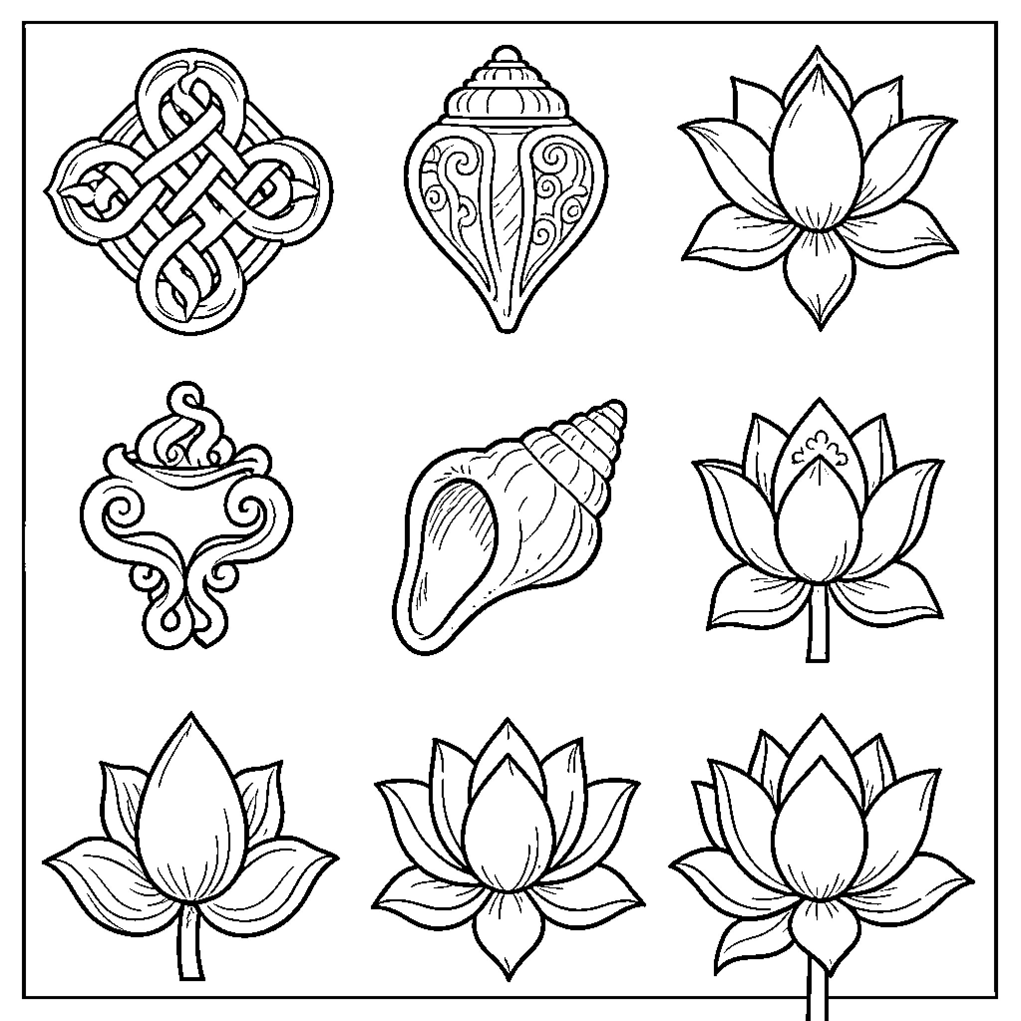 Tibetan Signs of sacred lotus and seashells Coloring Page (free black-and-white line drawing printable PDF for all, from beginners to advanced learners, including children, teens, adults, and seniors)