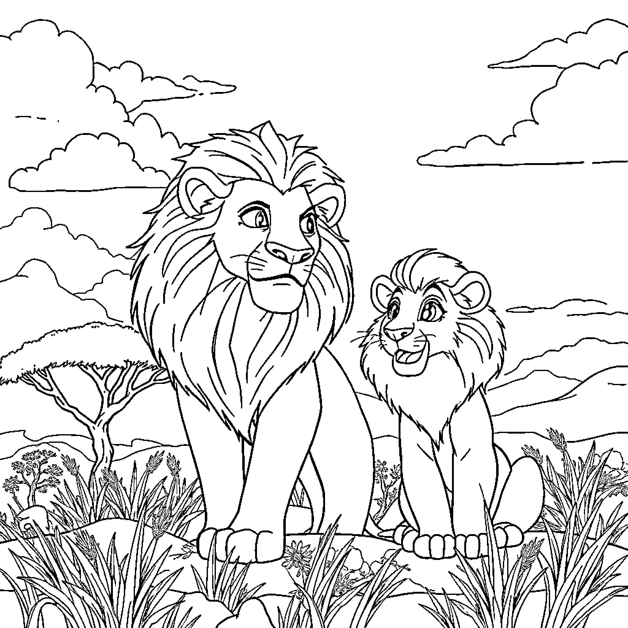 Lion and cub in the wild landscape Coloring Page (free black-and-white line drawing printable PDF for all, from beginners to advanced learners, including children, teens, adults, and seniors)
