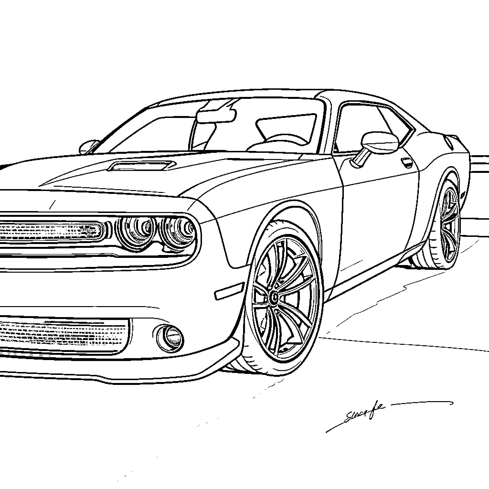 Dodge Challenger on the road Coloring Page (free black-and-white line drawing printable PDF for all, from beginners to advanced learners, including children, teens, adults, and seniors)