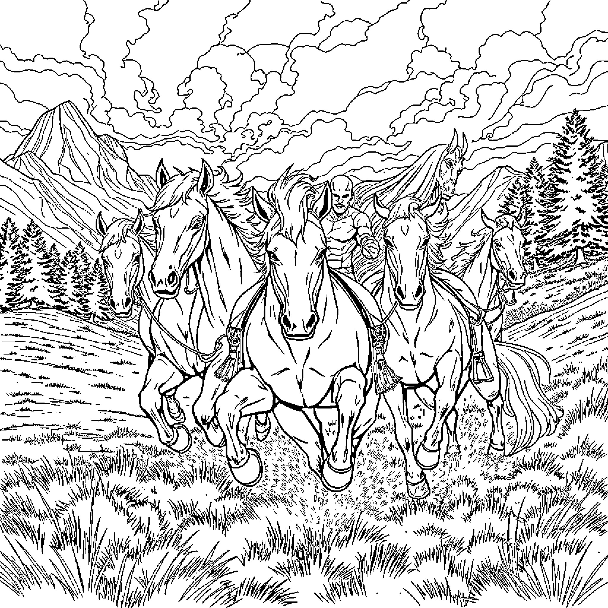 X-Men Heroes Riding Powerful Horses in Rugged Landscape Coloring Page (free black-and-white line drawing printable PDF for all, from beginners to advanced learners, including children, teens, adults, and seniors)