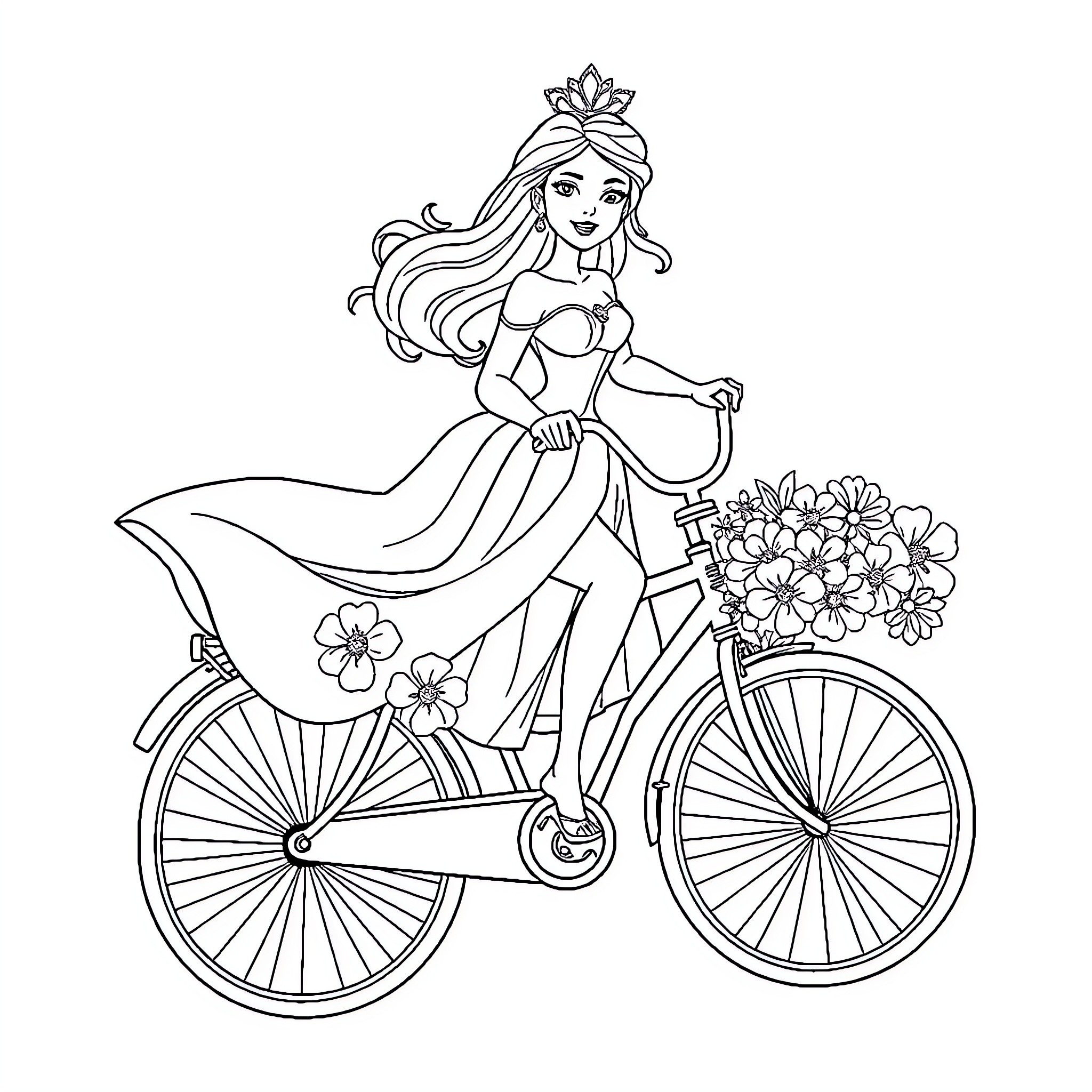 Princess Riding a Bicycle with Floral Bouquet Coloring Page (free black-and-white line drawing printable PDF for all, from beginners to advanced learners, including children, teens, adults, and seniors)