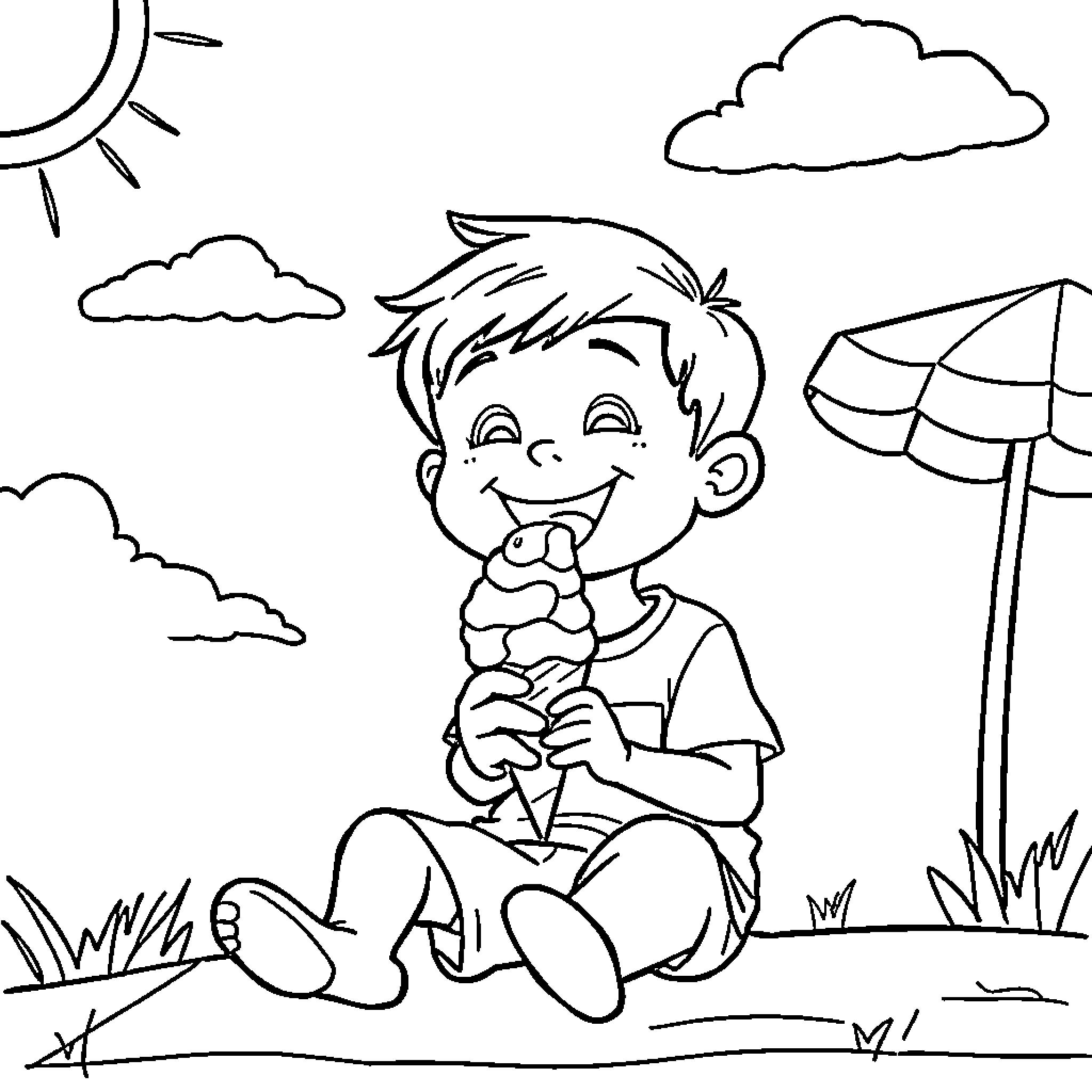 Boy enjoying ice cream on a sunny day Coloring Page (free black-and-white line drawing printable PDF for all, from beginners to advanced learners, including children, teens, adults, and seniors)