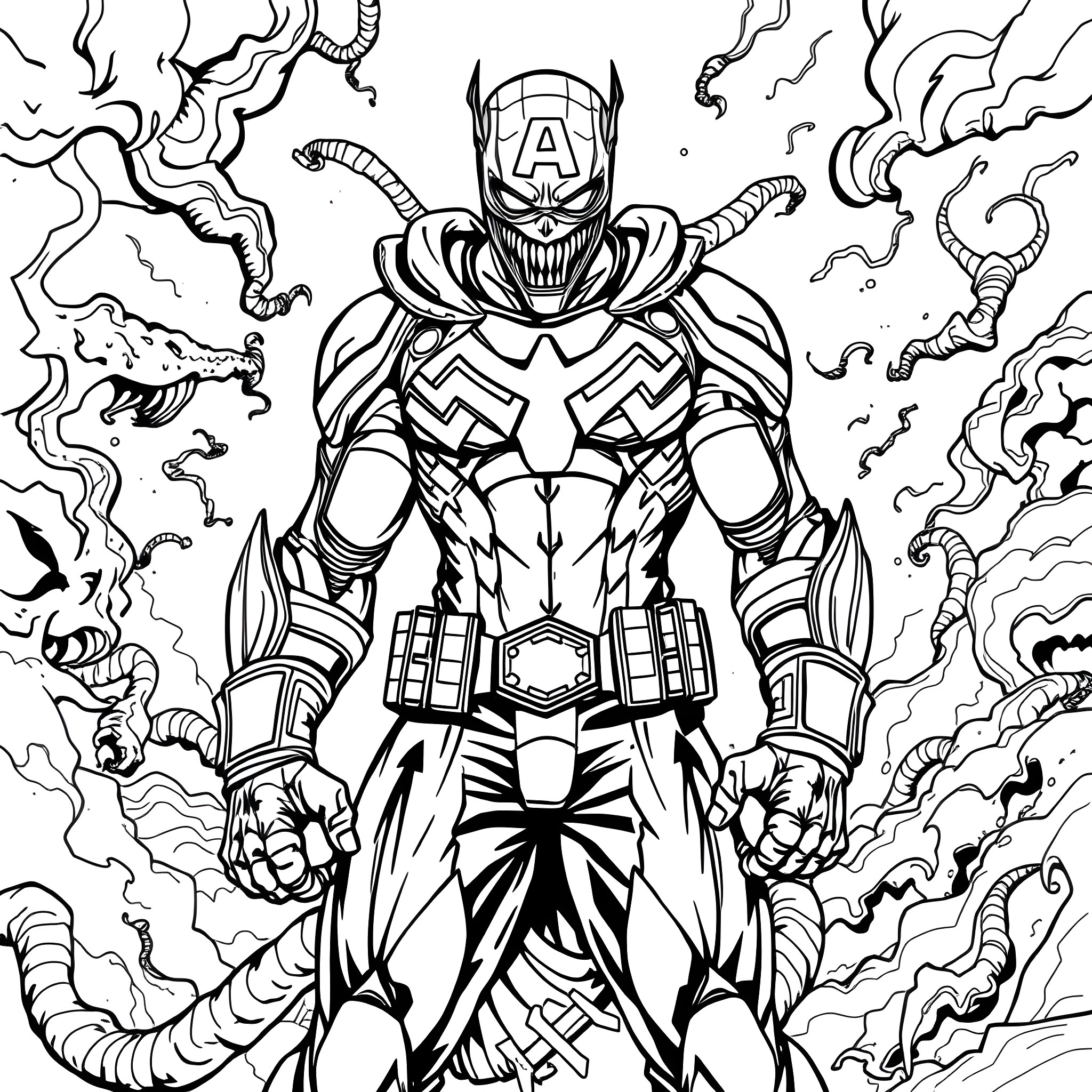 Captain Venom in Action-Packed Heroic Stance Coloring Page (free black-and-white line drawing printable PDF for all, from beginners to advanced learners, including children, teens, adults, and seniors)