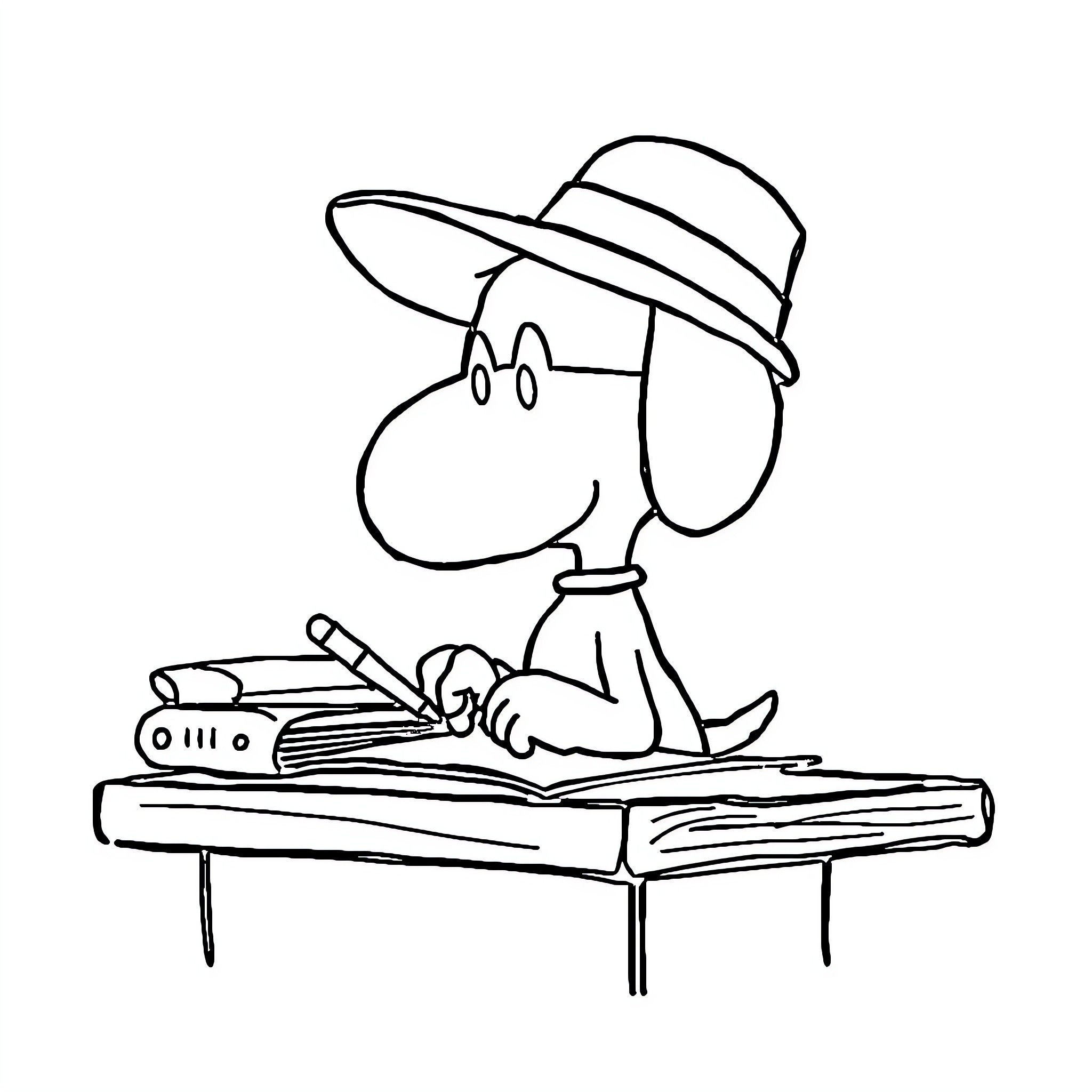 Snoopy working diligently at his desk Coloring Page (free black-and-white line drawing printable PDF for all, from beginners to advanced learners, including children, teens, adults, and seniors)