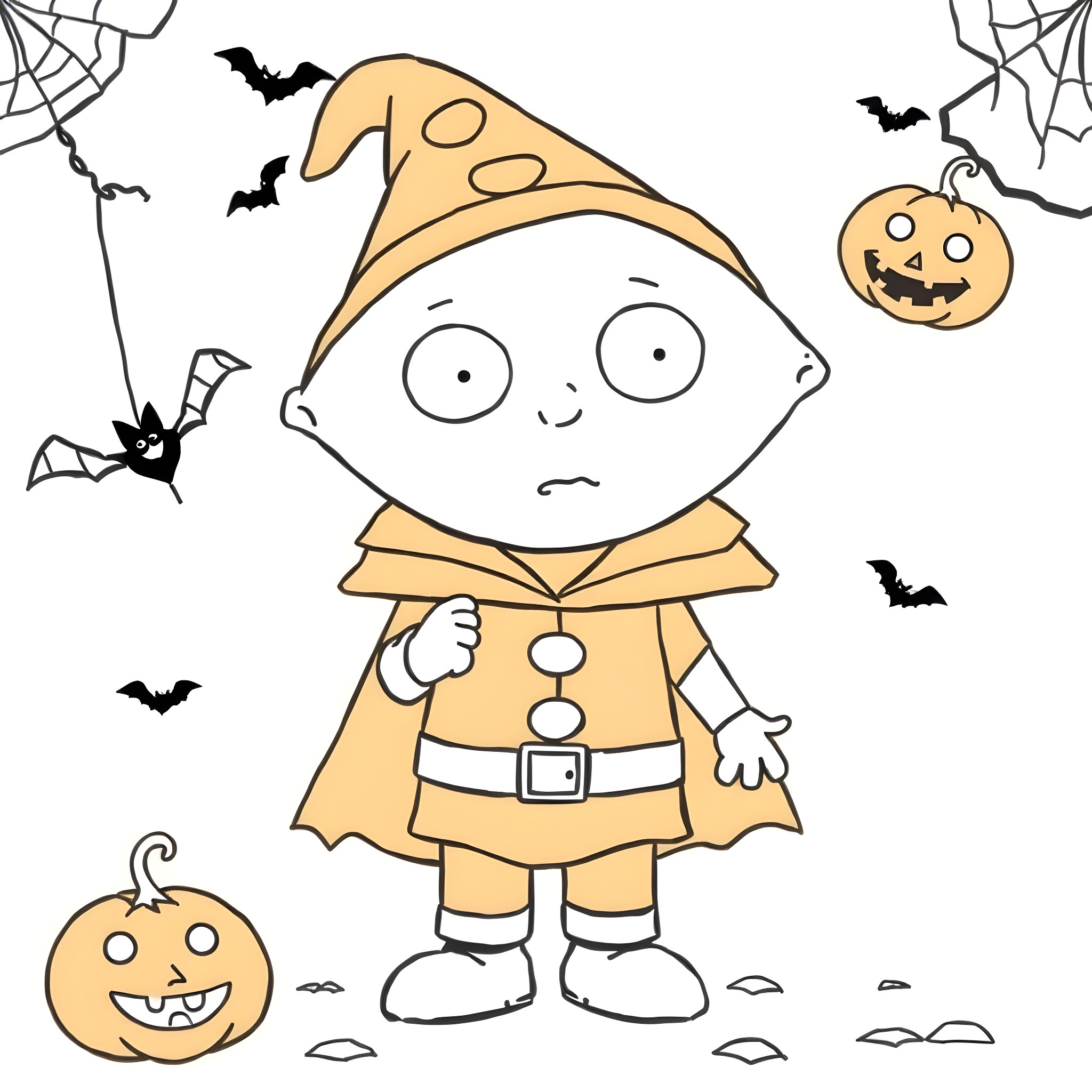Stewie Griffin's Halloween Adventure Coloring Page (free black-and-white line drawing printable PDF for all, from beginners to advanced learners, including children, teens, adults, and seniors)