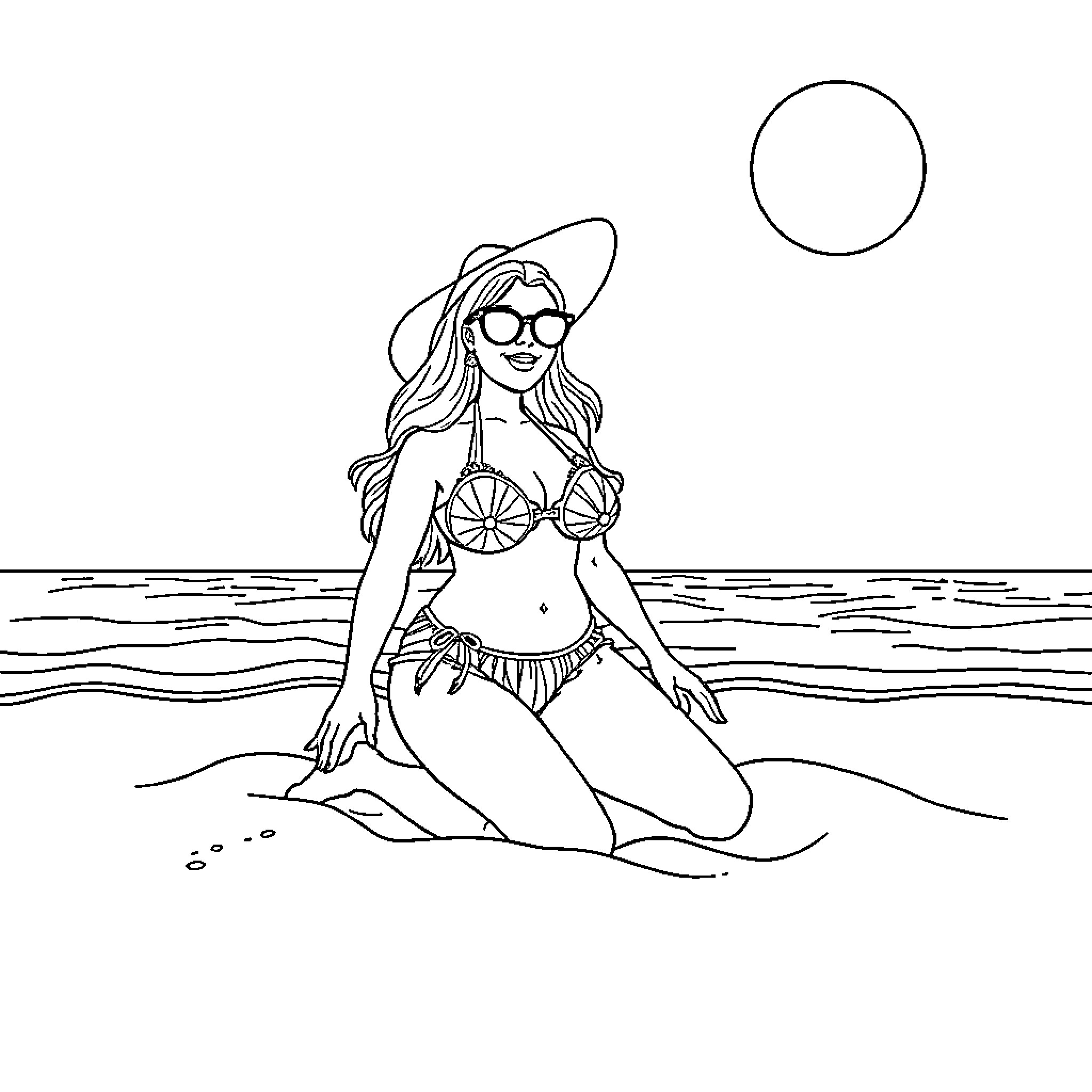 Mamasita enjoying the beach in her swimsuit Coloring Page (free black-and-white line drawing printable PDF for all, from beginners to advanced learners, including children, teens, adults, and seniors)