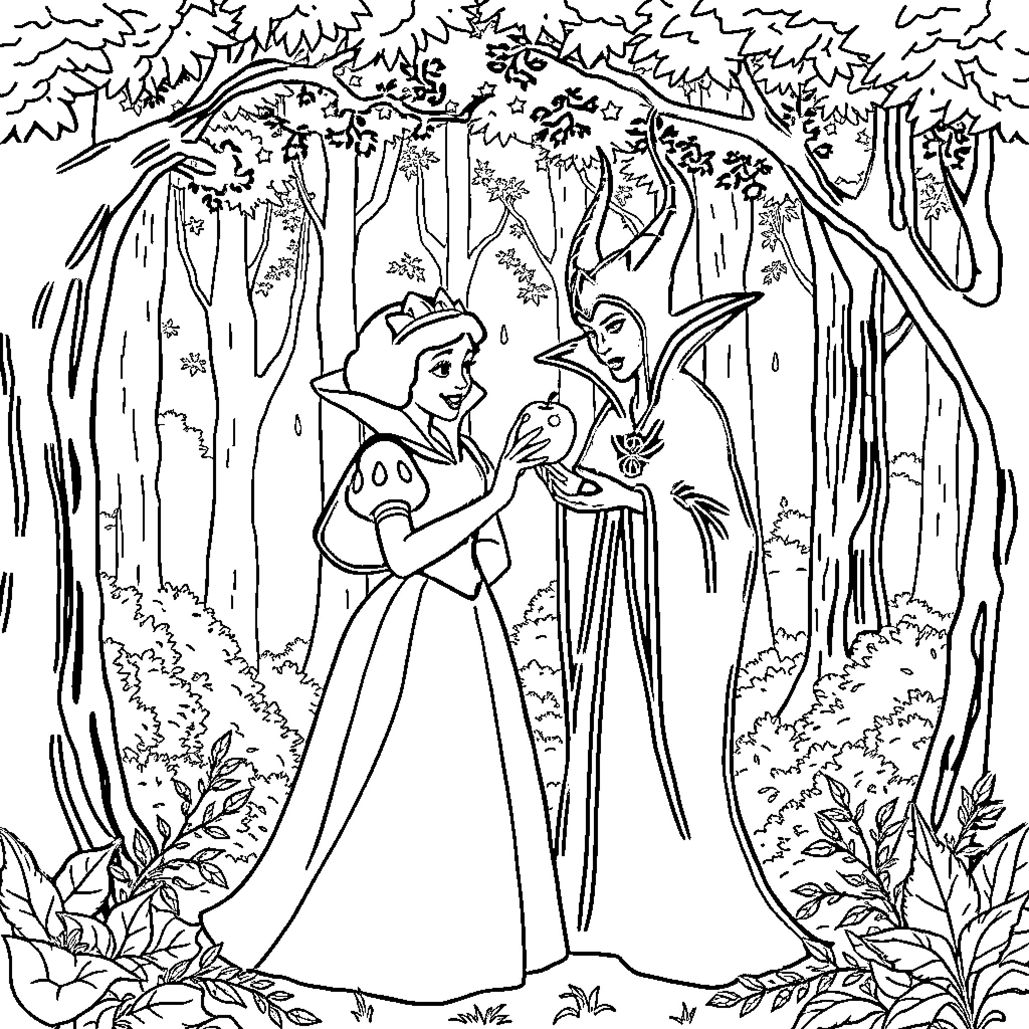 Snow White Meets the Evil Queen in the Forest Coloring Page (free black-and-white line drawing printable PDF for all, from beginners to advanced learners, including children, teens, adults, and seniors)