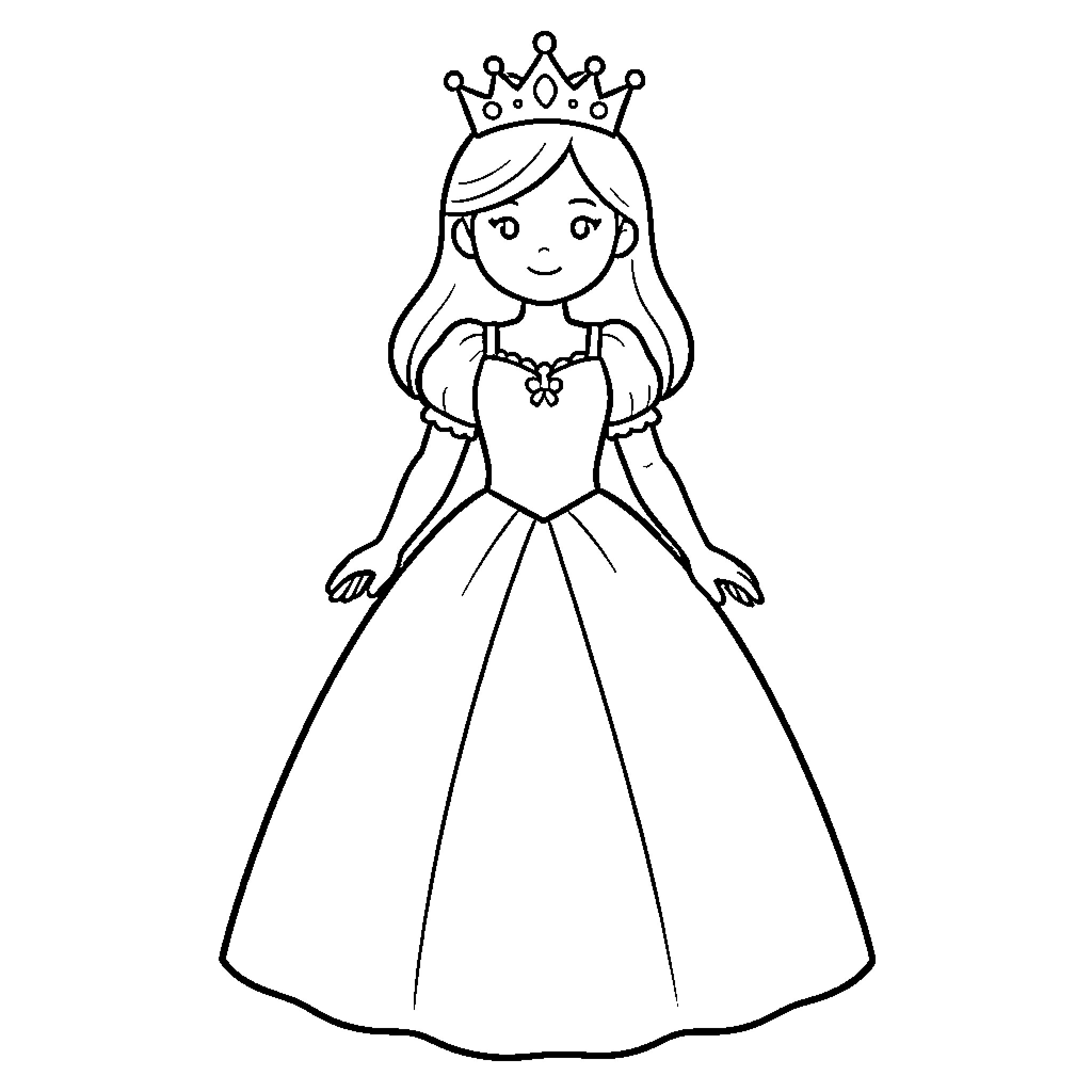 Princess in Elegant Gown and Crown Coloring Page (free black-and-white line drawing printable PDF for all, from beginners to advanced learners, including children, teens, adults, and seniors)