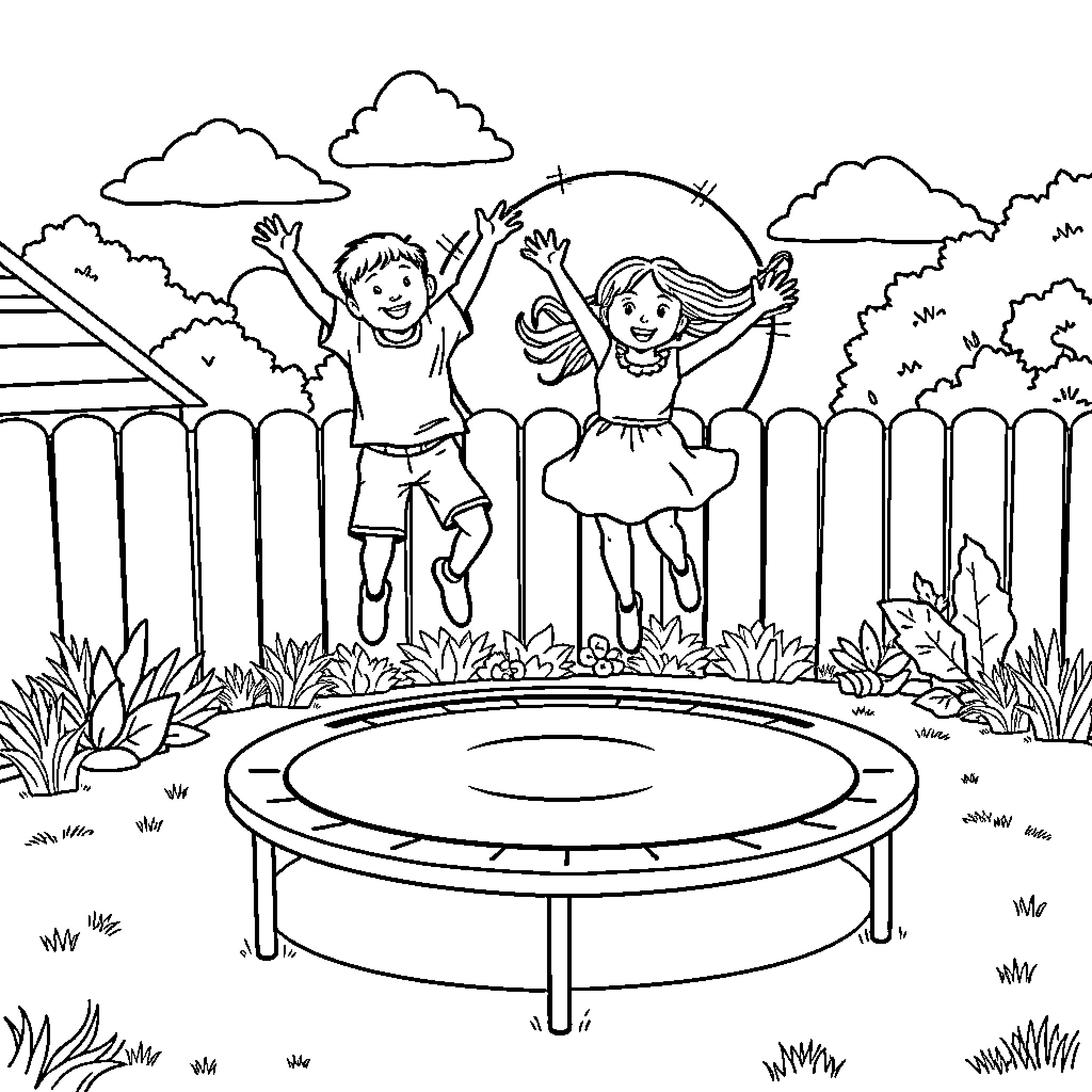 Child jumping happily on trampoline in outdoor scene Coloring Page (free black-and-white line drawing printable PDF for all, from beginners to advanced learners, including children, teens, adults, and seniors)
