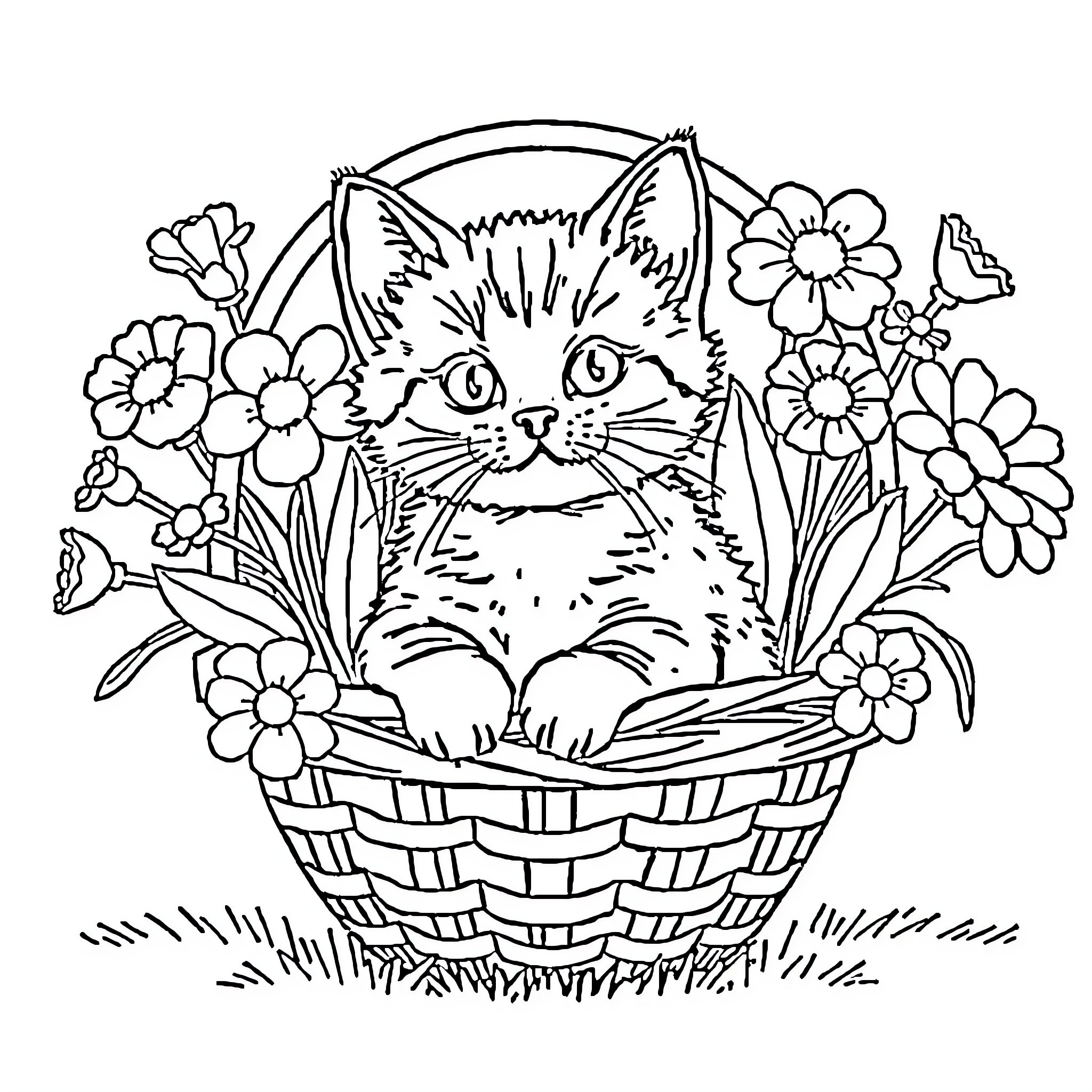 Cat in a basket surrounded by flowers Coloring Page (free black-and-white line drawing printable PDF for all, from beginners to advanced learners, including children, teens, adults, and seniors)