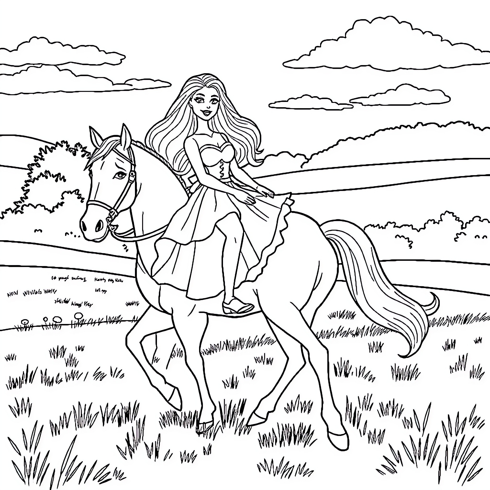 Barbie riding a horse through the countryside Coloring Page (free black-and-white line drawing printable PDF for all, from beginners to advanced learners, including children, teens, adults, and seniors)