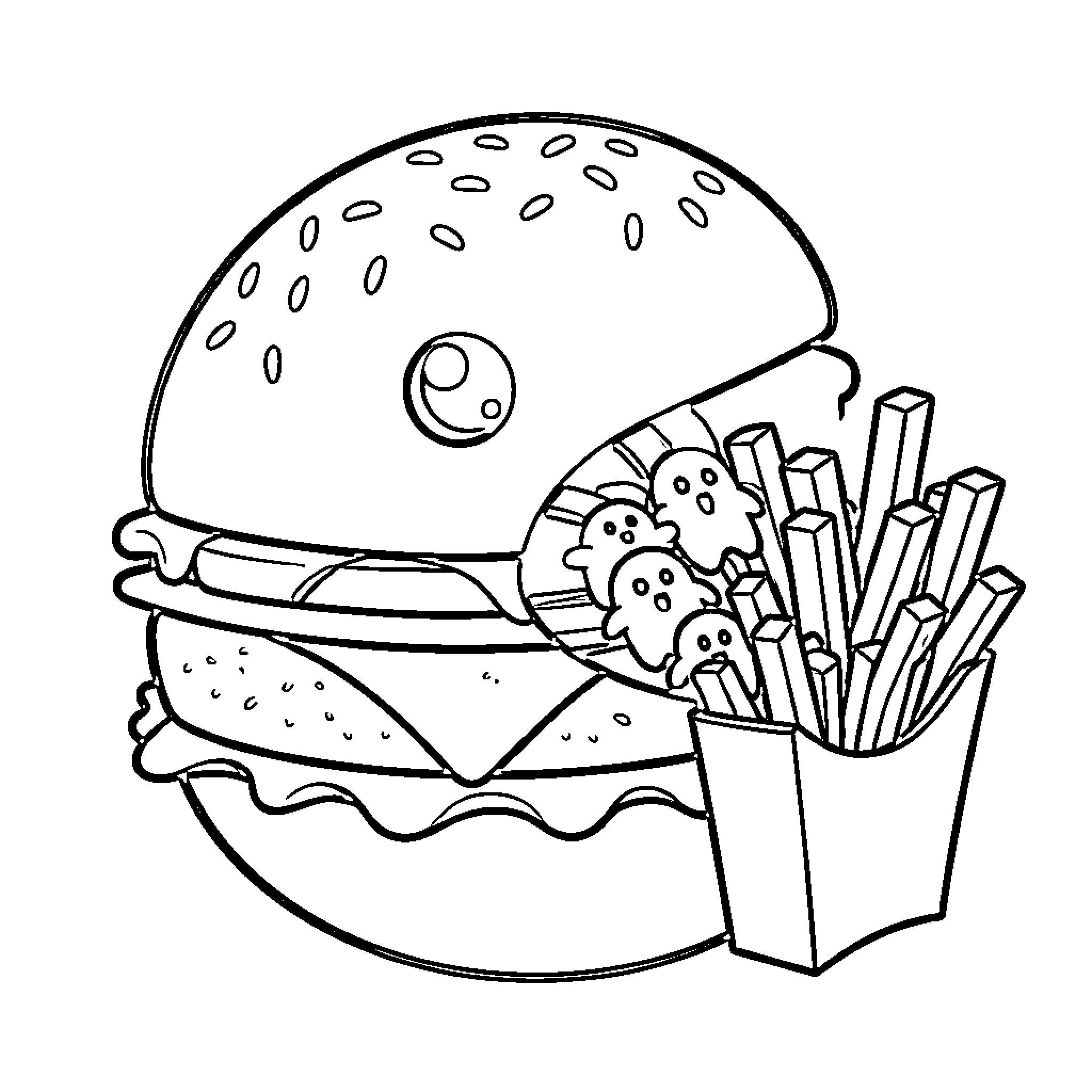 Pacman themed hamburger and french fries scene Coloring Page (free black-and-white line drawing printable PDF for all, from beginners to advanced learners, including children, teens, adults, and seniors)