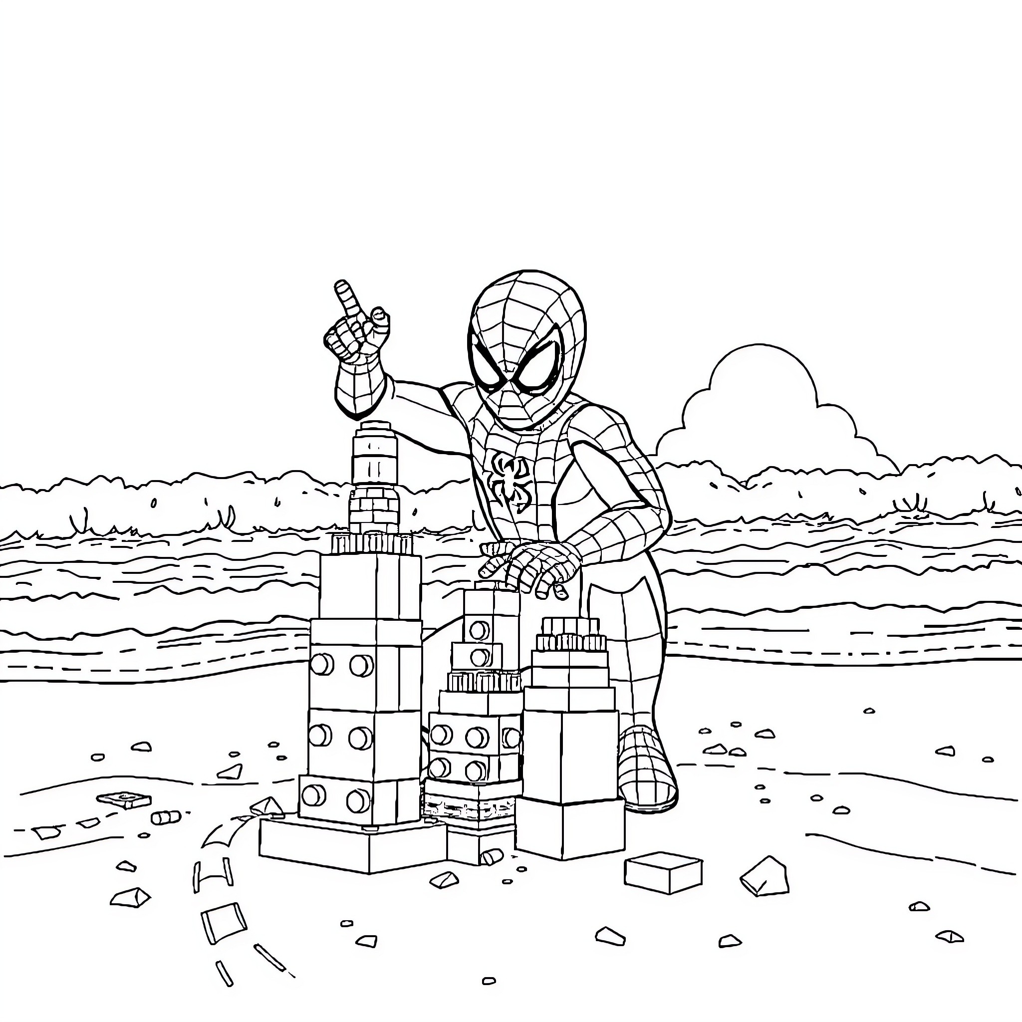 Spiderman posing heroically with Lego blocks on the beach Coloring Page (free black-and-white line drawing printable PDF for all, from beginners to advanced learners, including children, teens, adults, and seniors)