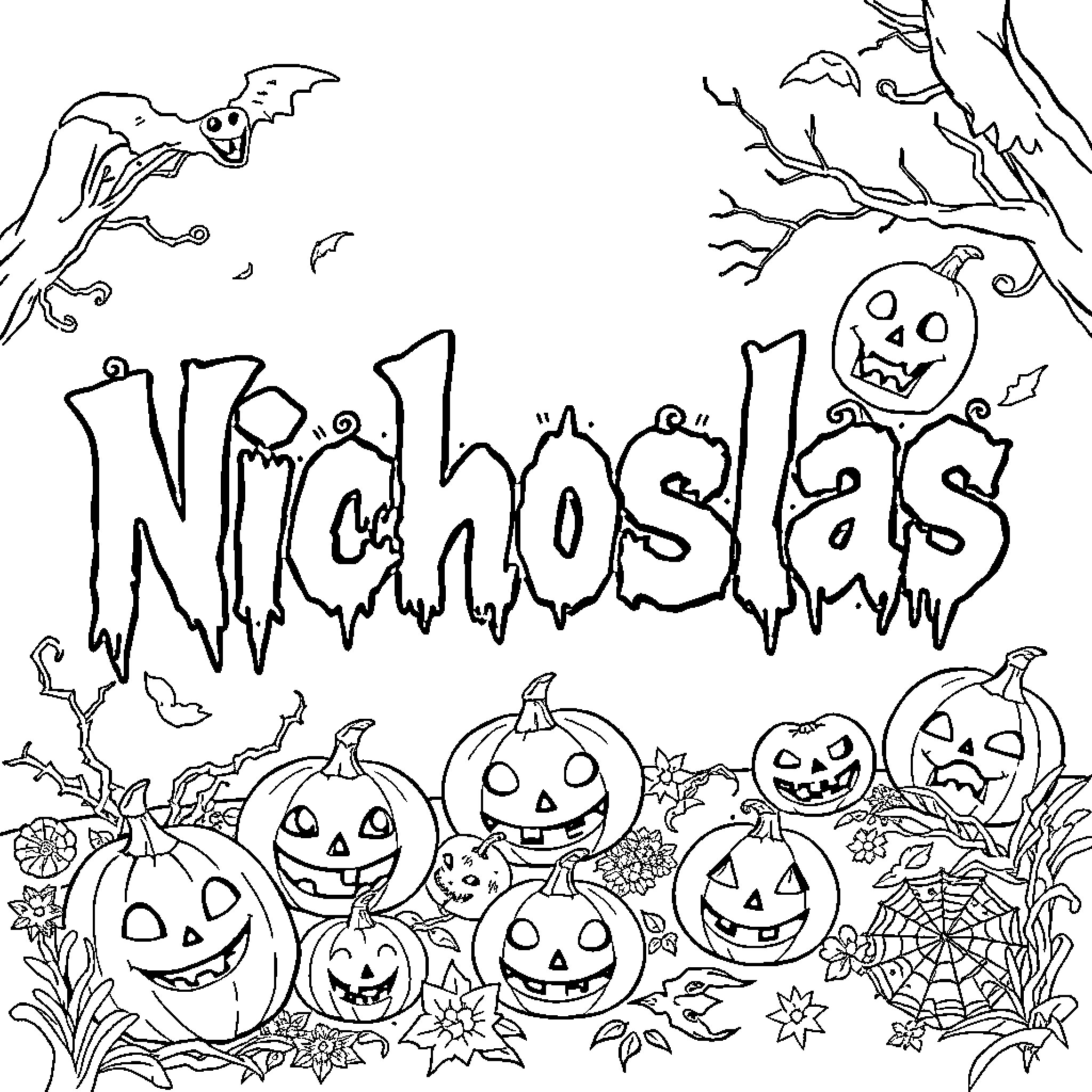 Nicholas's Spooky Halloween Adventure Coloring Page (free black-and-white line drawing printable PDF for all, from beginners to advanced learners, including children, teens, adults, and seniors)