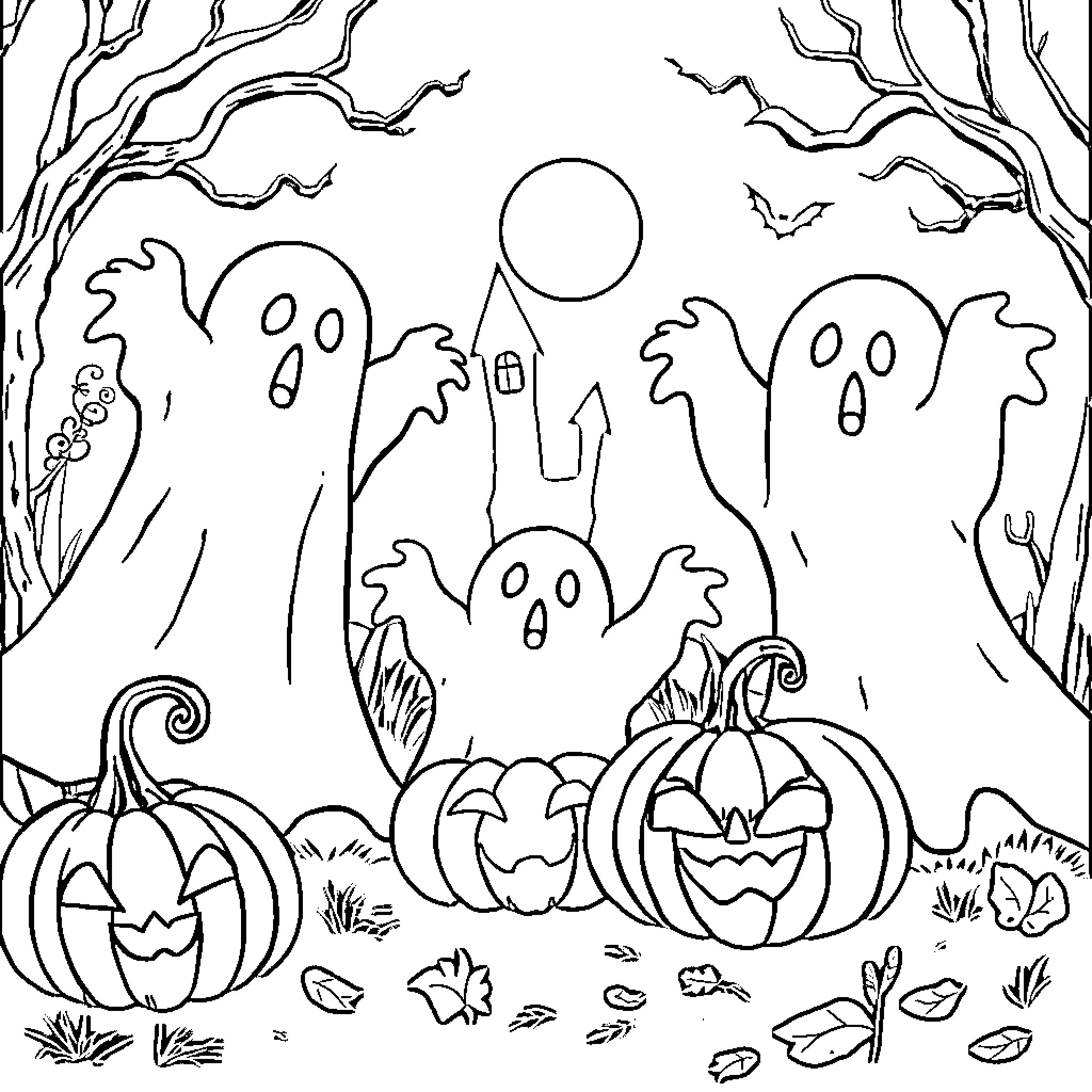 Halloween scene with ghosts, pumpkins, and a spooky landscape Coloring Page (free black-and-white line drawing printable PDF for all, from beginners to advanced learners, including children, teens, adults, and seniors)