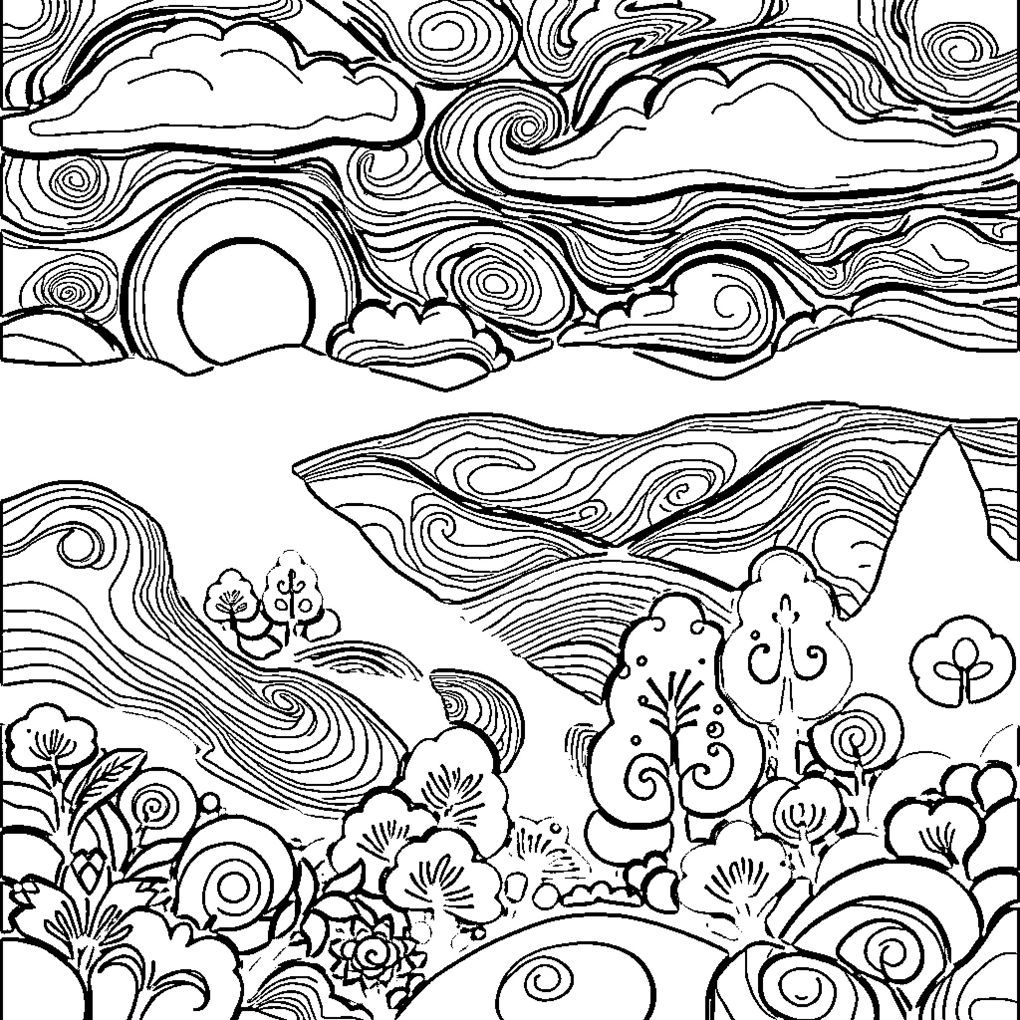 Nature's Whimsical Landscape Coloring Page (free black-and-white line drawing printable PDF for all, from beginners to advanced learners, including children, teens, adults, and seniors)