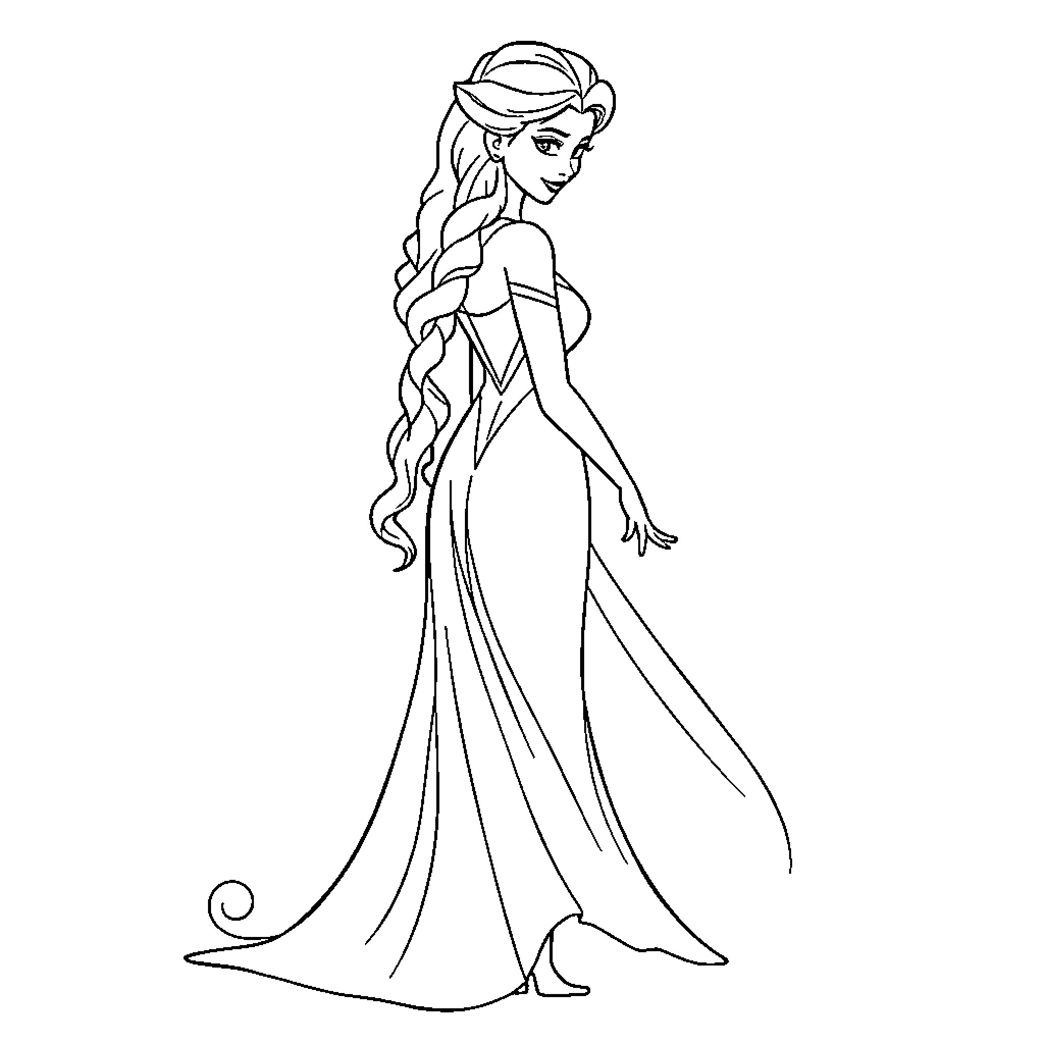 Elsa in a flowing gown posing gracefully Coloring Page (free black-and-white line drawing printable PDF for all, from beginners to advanced learners, including children, teens, adults, and seniors)