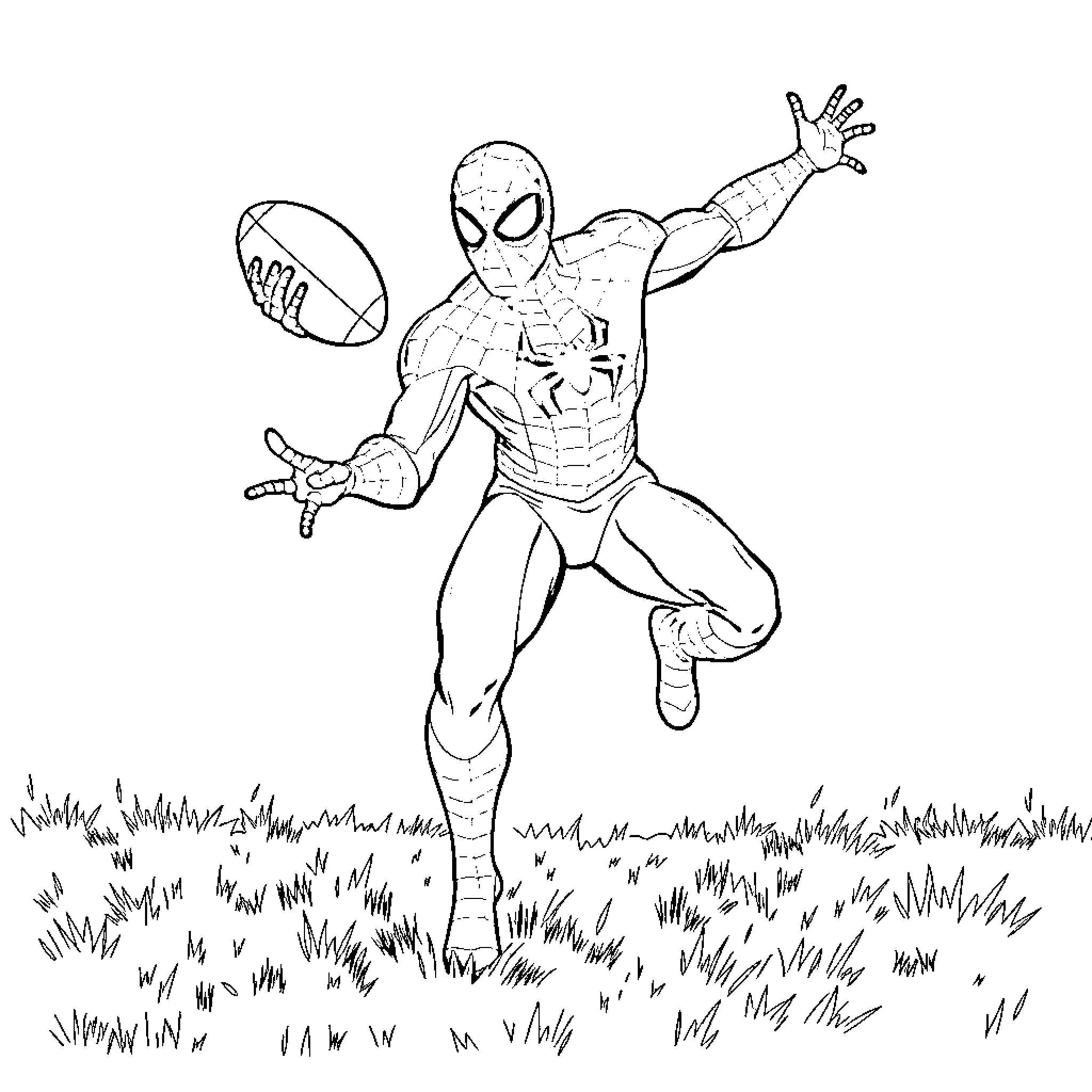 Spider-Man leaping with football in grassy field Coloring Page (free black-and-white line drawing printable PDF for all, from beginners to advanced learners, including children, teens, adults, and seniors)