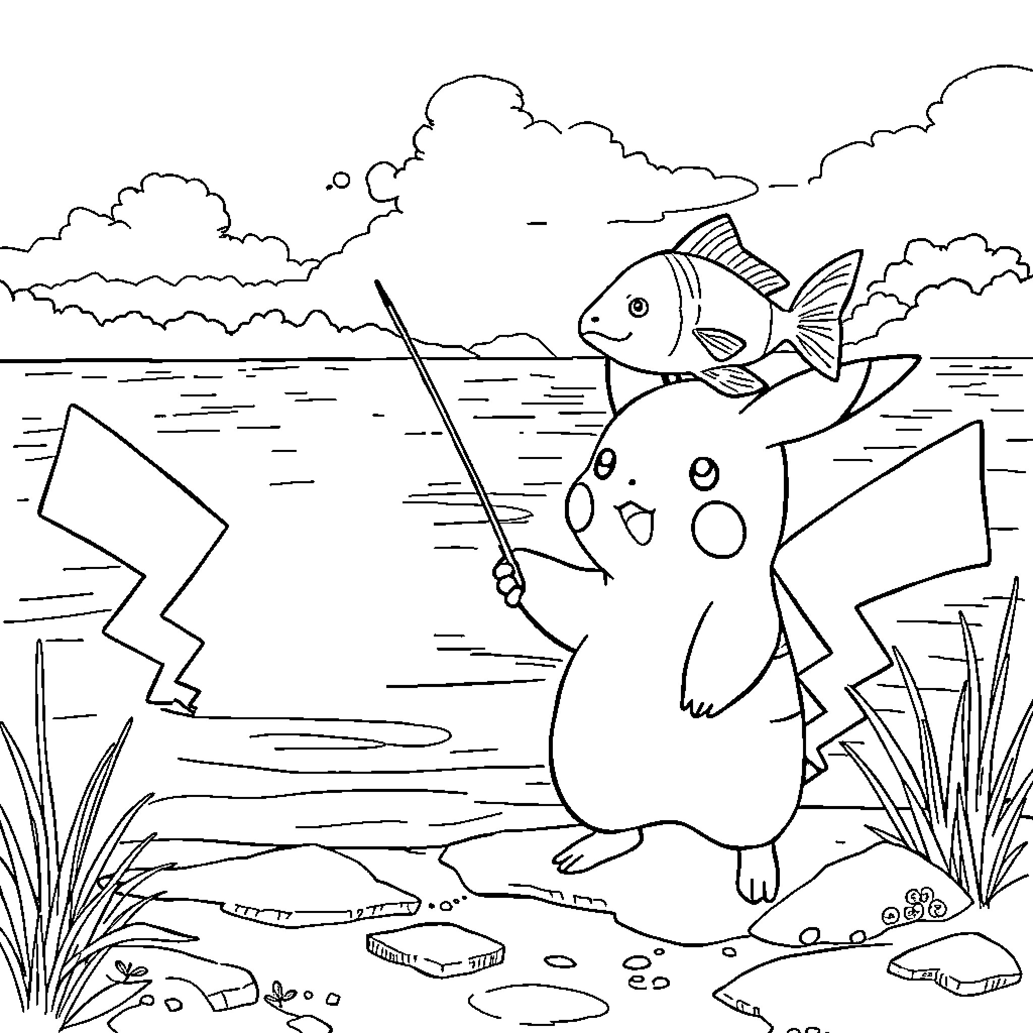Pikachu enjoys a day of fishing and exploration by the lake Coloring Page (free black-and-white line drawing printable PDF for all, from beginners to advanced learners, including children, teens, adults, and seniors)