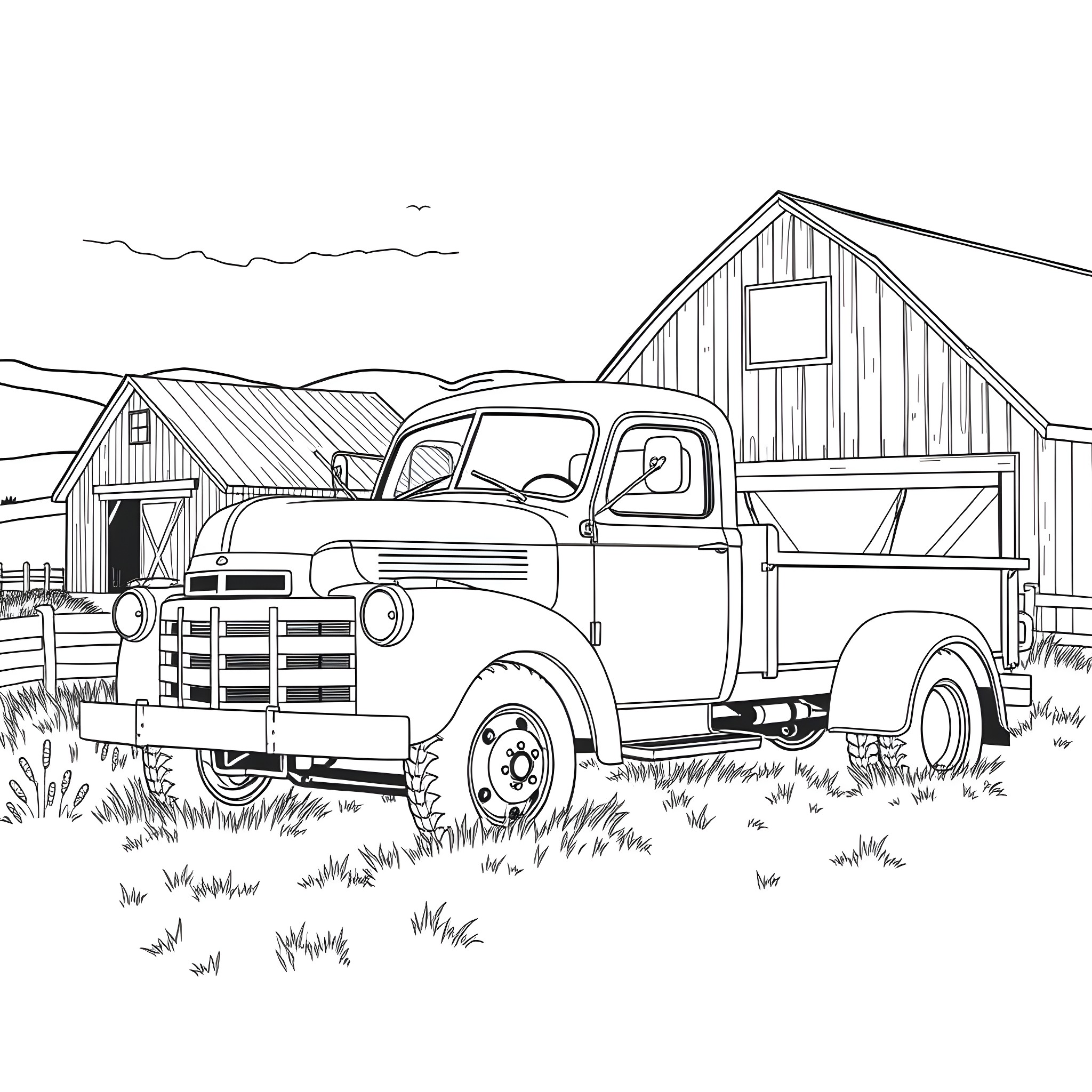 Truck with barn in the countryside Coloring Page (free black-and-white line drawing printable PDF for all, from beginners to advanced learners, including children, teens, adults, and seniors)