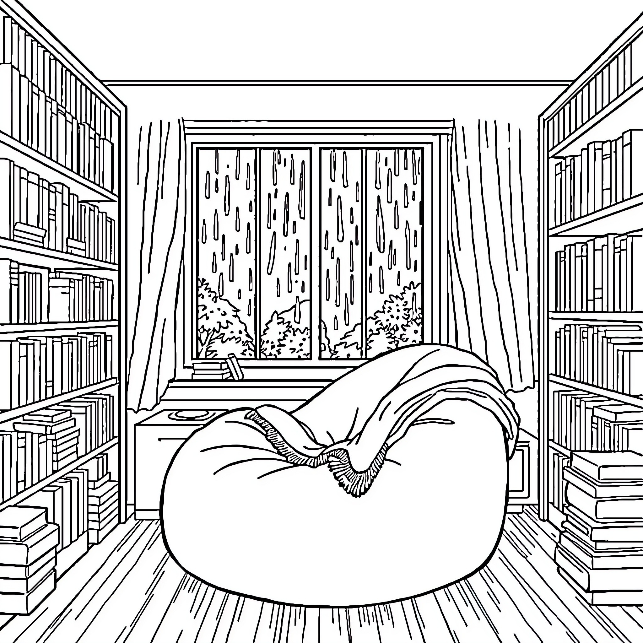 Library with cozy reading nook by window Coloring Page (free black-and-white line drawing printable PDF for all, from beginners to advanced learners, including children, teens, adults, and seniors)
