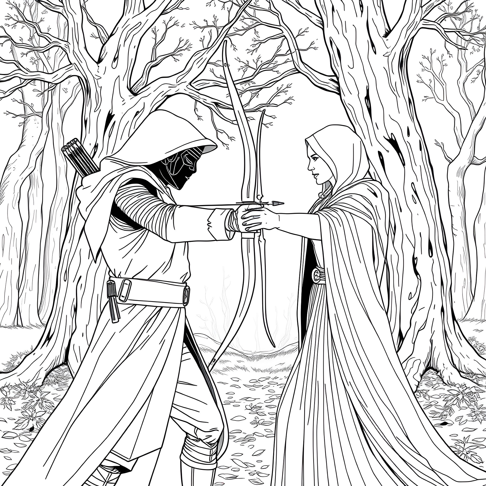 Kylo Ren confronting a hooded figure in the forest Coloring Page (free black-and-white line drawing printable PDF for all, from beginners to advanced learners, including children, teens, adults, and seniors)