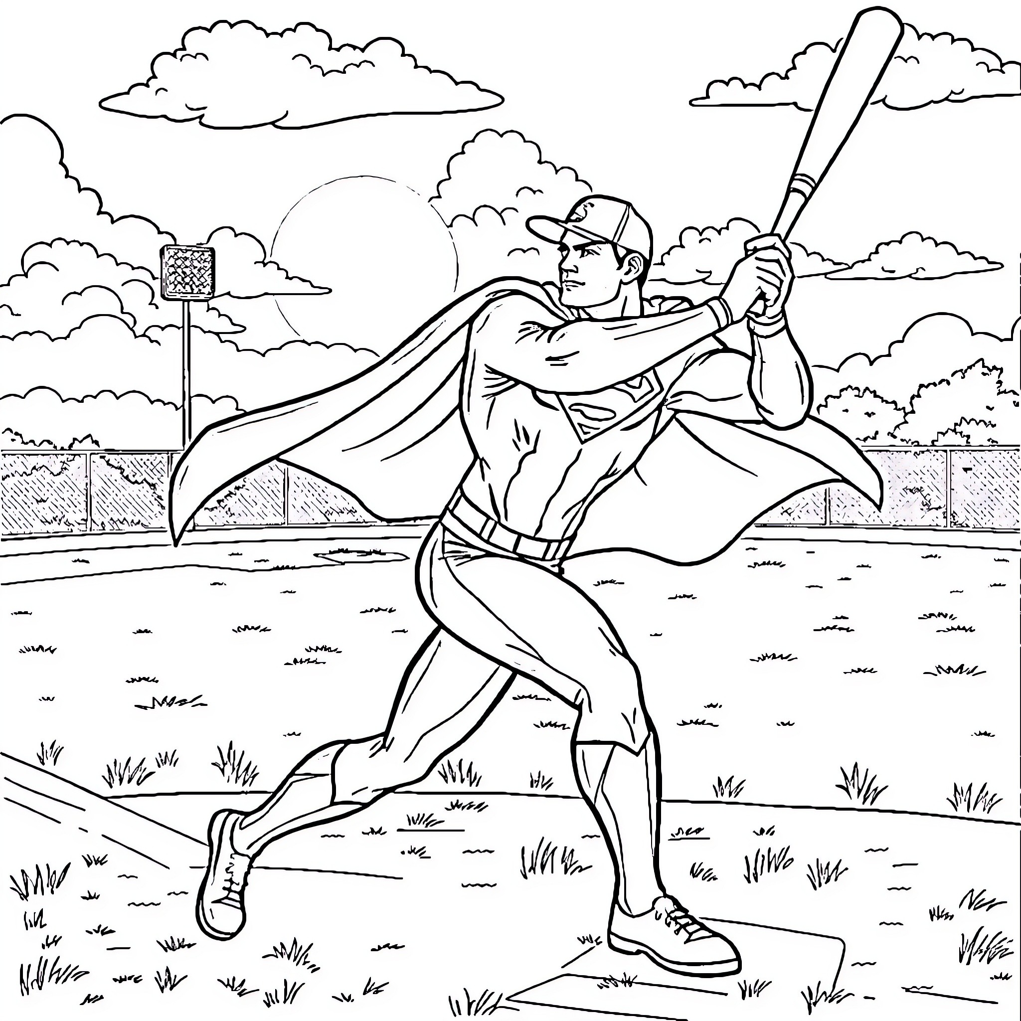 Superman batting heroically on the baseball field Coloring Page (free black-and-white line drawing printable PDF for all, from beginners to advanced learners, including children, teens, adults, and seniors)